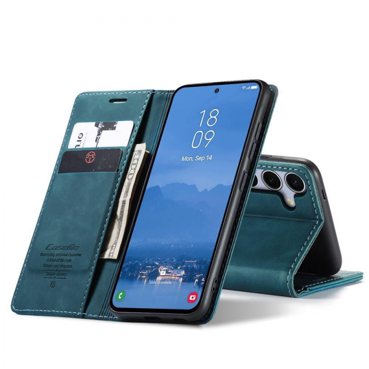 Geöffnete teal-farbene Leder-Handyhülle, zeigt Telefon, Karten und Geld.