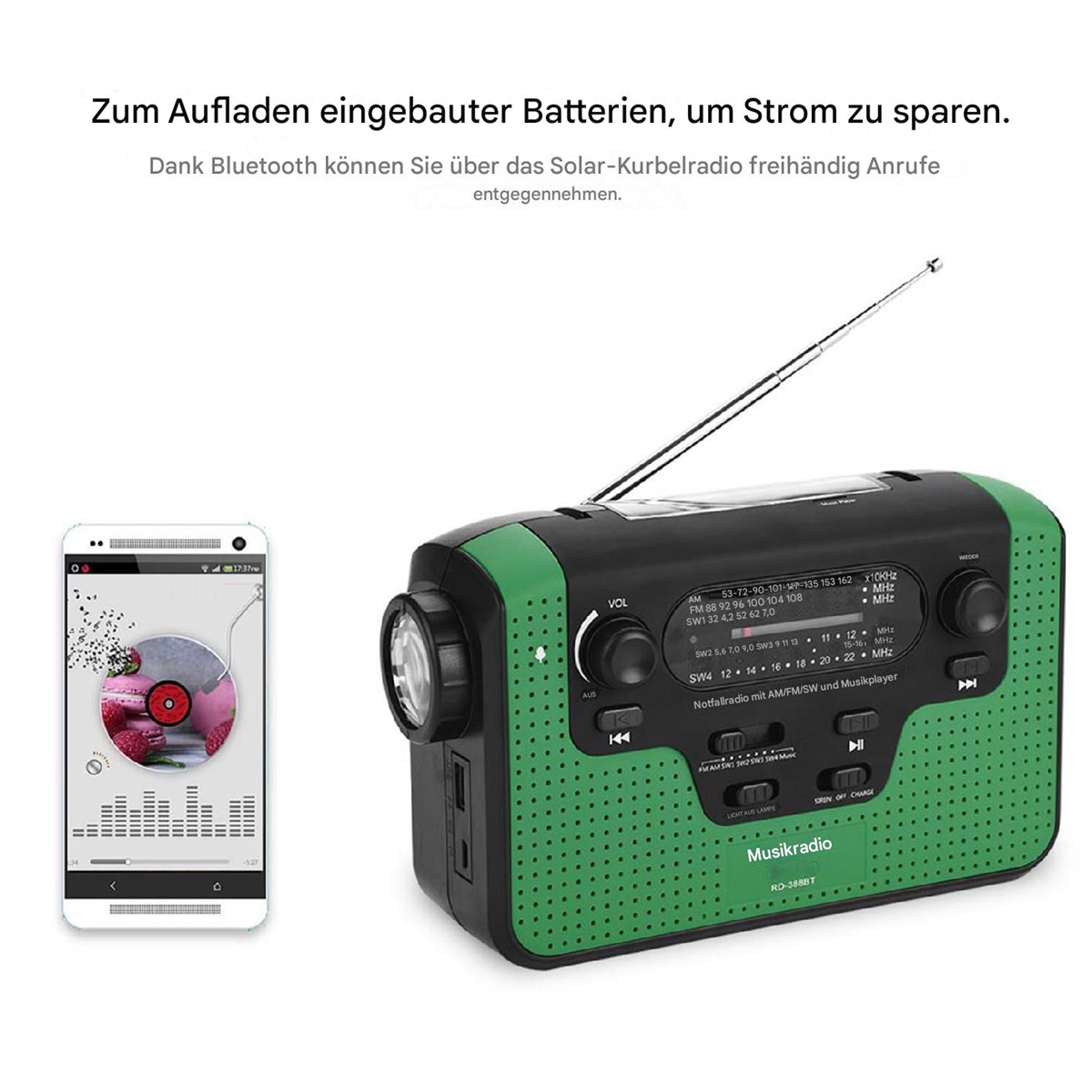 Grünes und schwarzes Radio mit Antenne und ein weißes Smartphone, das eine farbenfrohe Grafik anzeigt.