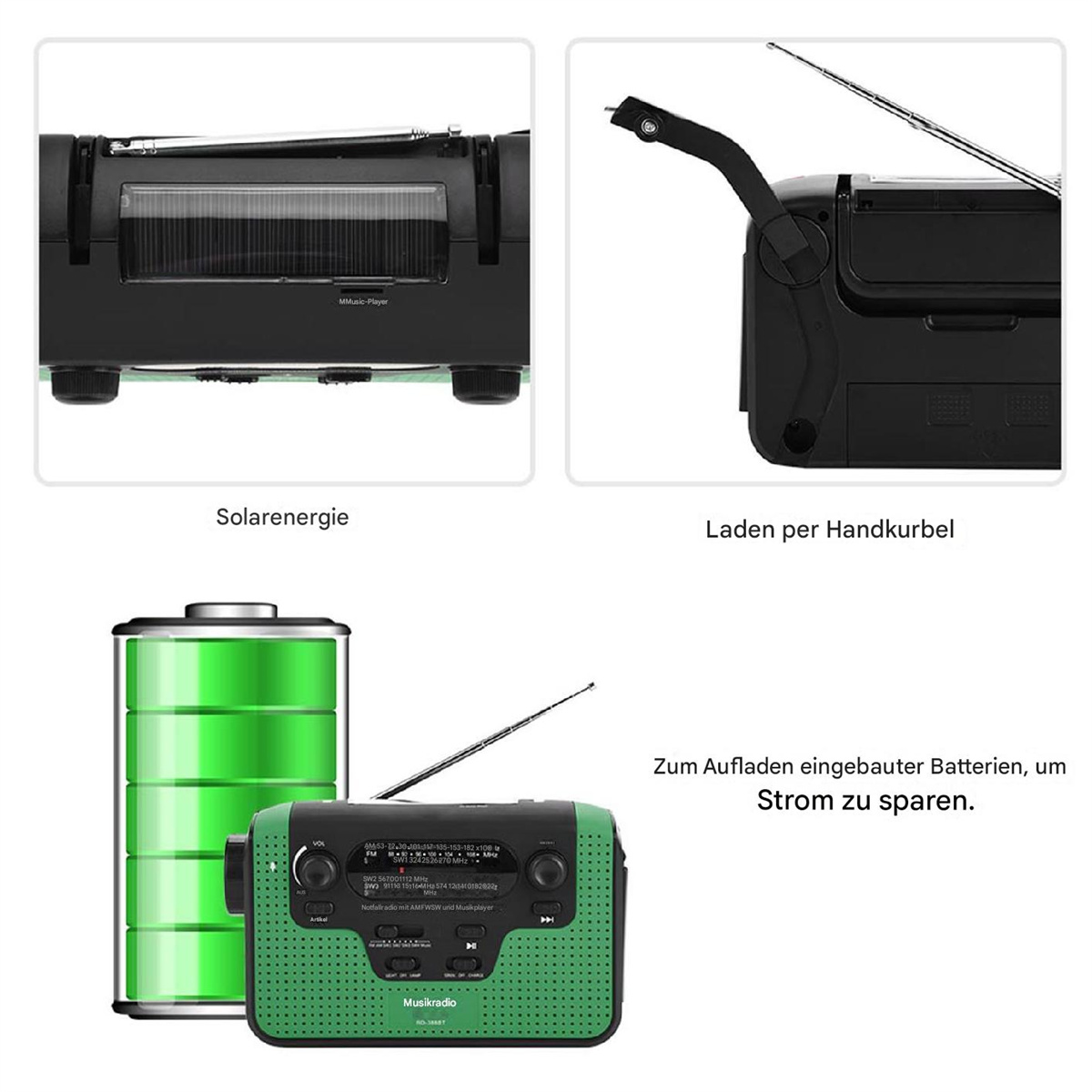 Bilder eines schwarzen und grünen Radios mit Solarpanel und Handkurbel. Text zeigt Ladeoptionen.