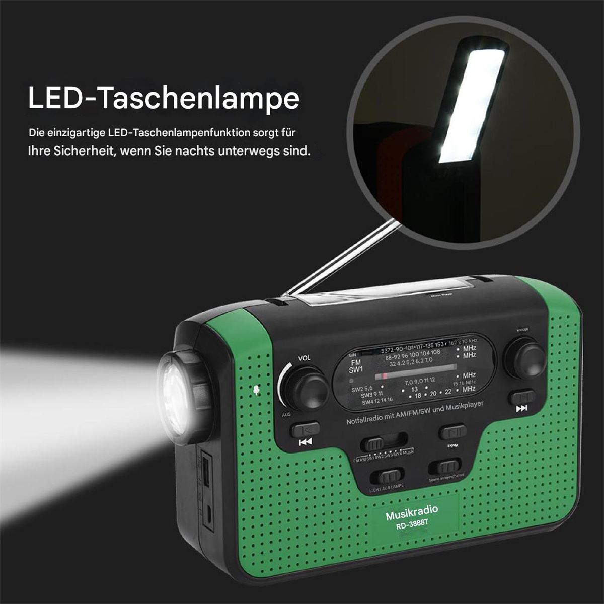 Grünes und schwarzes Notfallradio mit Taschenlampe. Weißer Hintergrund mit Lichtstrahl.