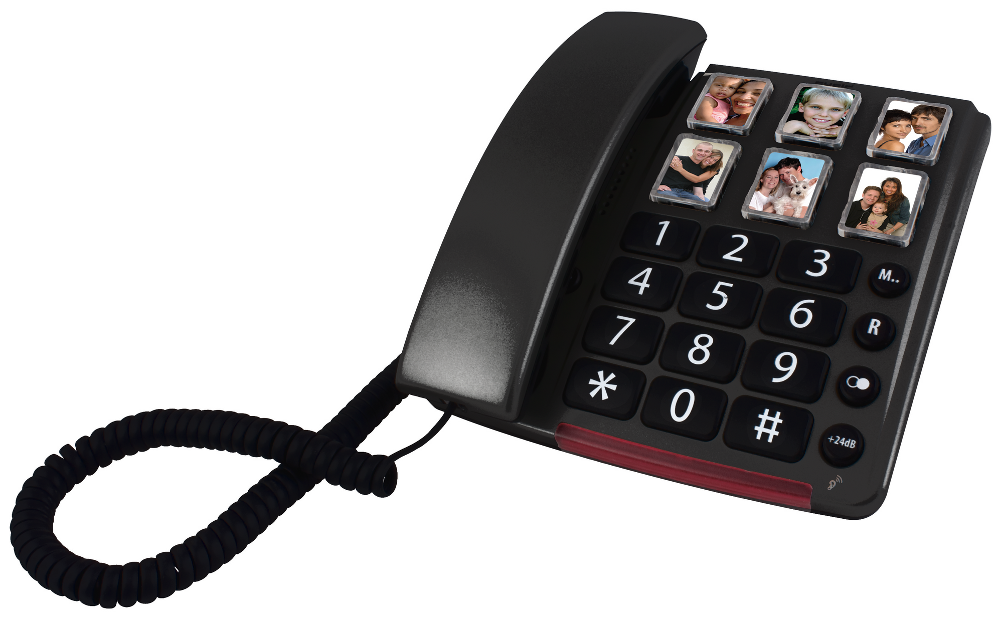 Schwarzes Festnetztelefon mit Fototasten, Spiralkabel. Fotos von Personen auf dem Telefon.