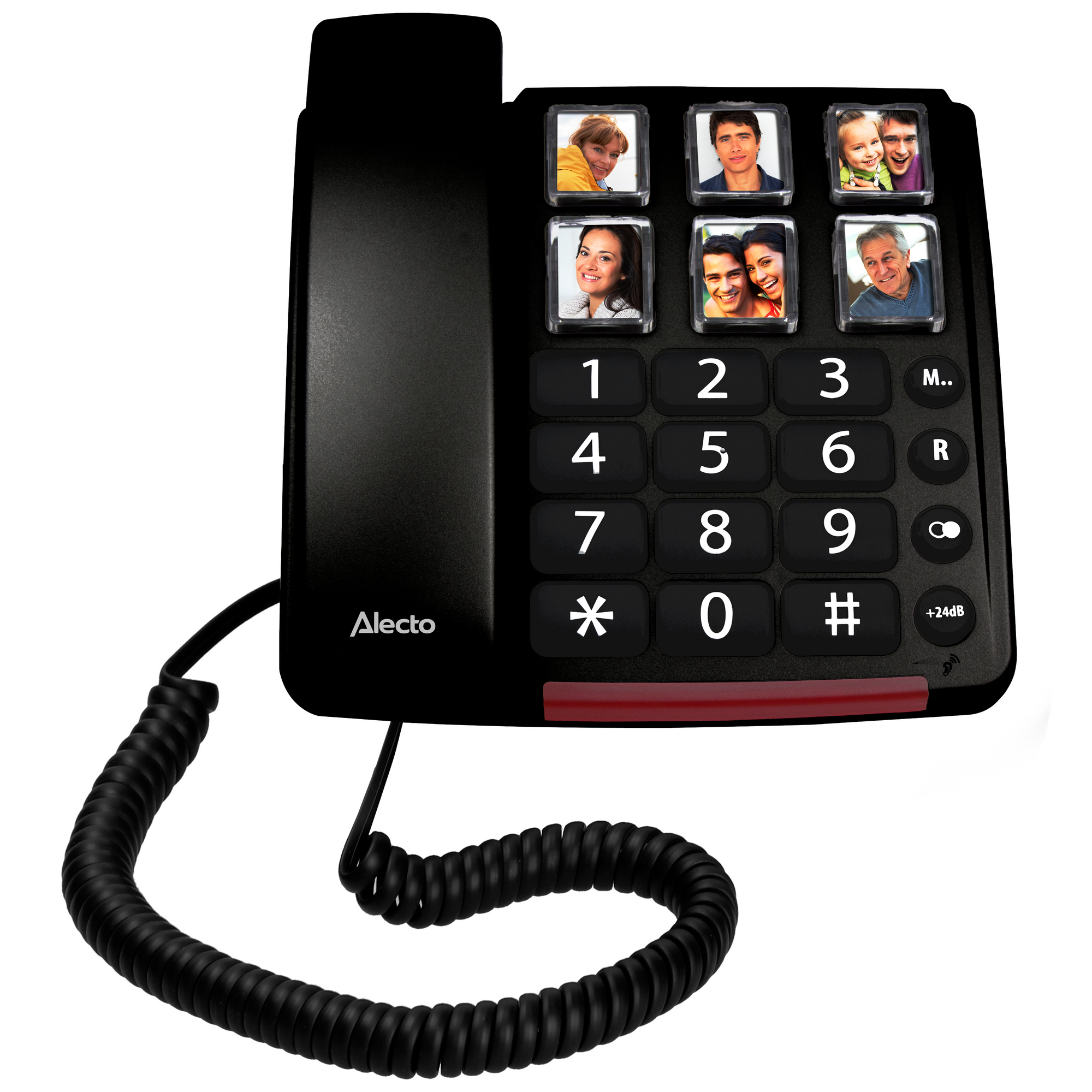 Schwarzes Telefon mit großen Tasten, Fototasten, rotem Streifen und Spiralschnur.