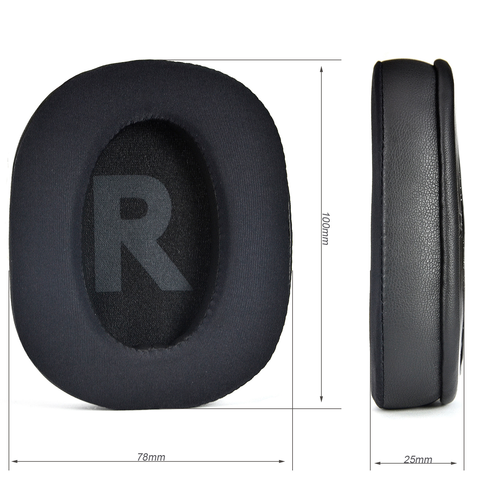 Dwie czarne poduszki nauszne do słuchawek z wymiarami. Białe tło. Widoczne wymiary w mm.