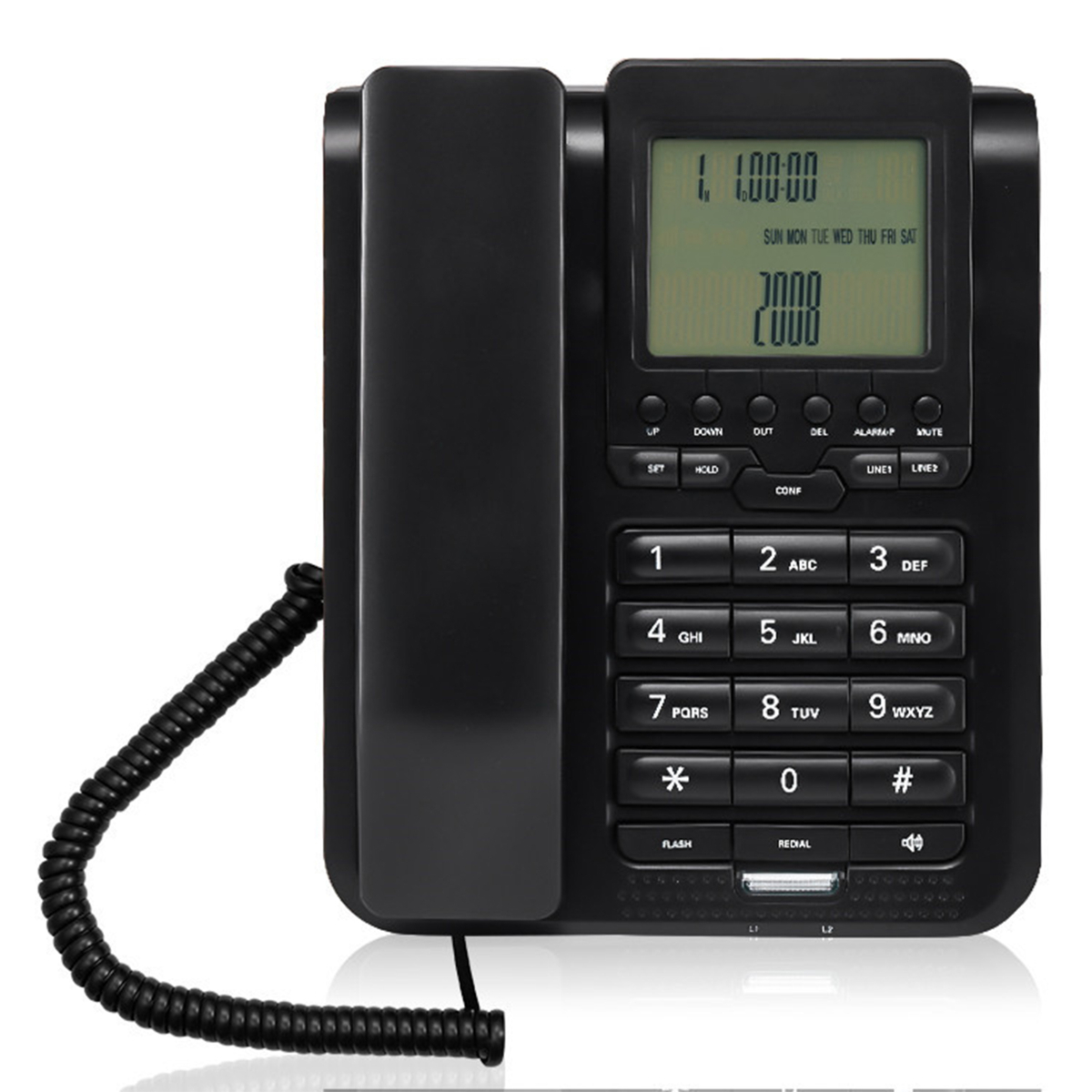 Schwarzes Festnetztelefon mit Zifferntasten, Display und Kabel. Weißer Hintergrund.