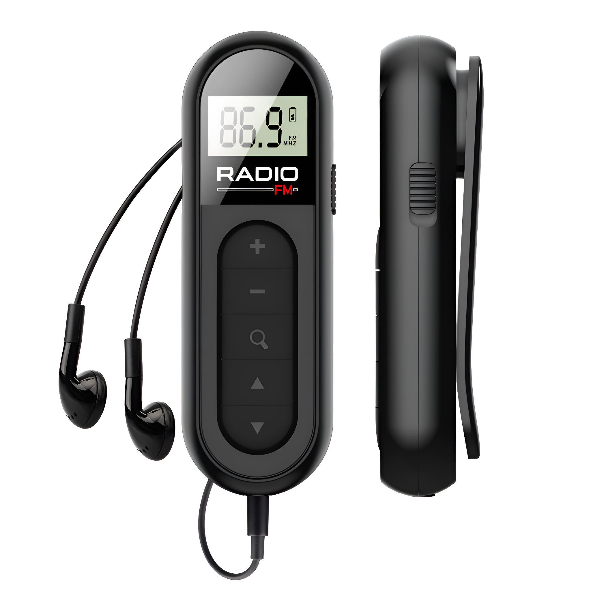 Schwarzes UKW-Radio mit Kopfhörern, Display zeigt 86,9 MHz und Tasten.
