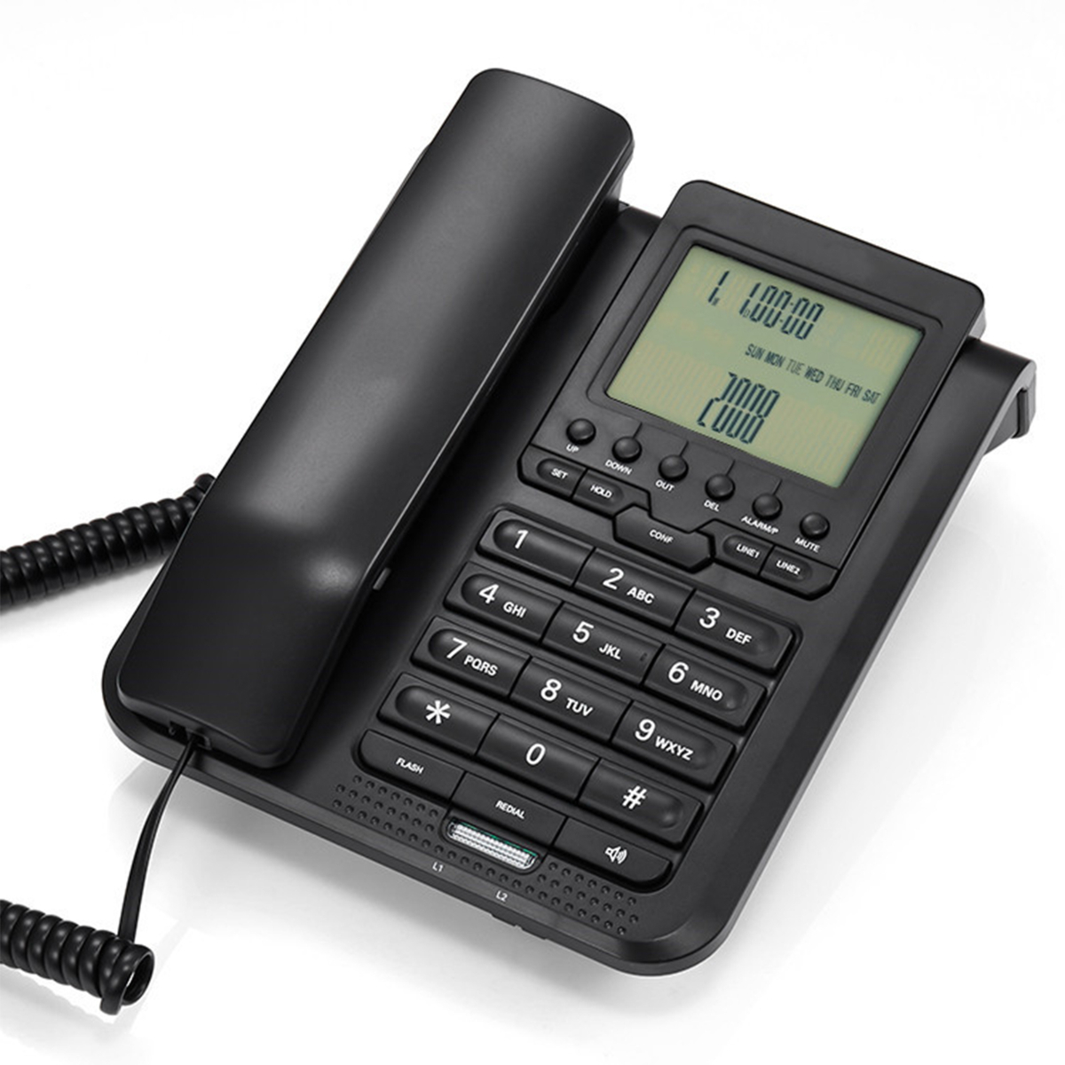 Ein schwarzes Festnetztelefon mit digitaler Anzeige, die Uhrzeit und Datum anzeigt.