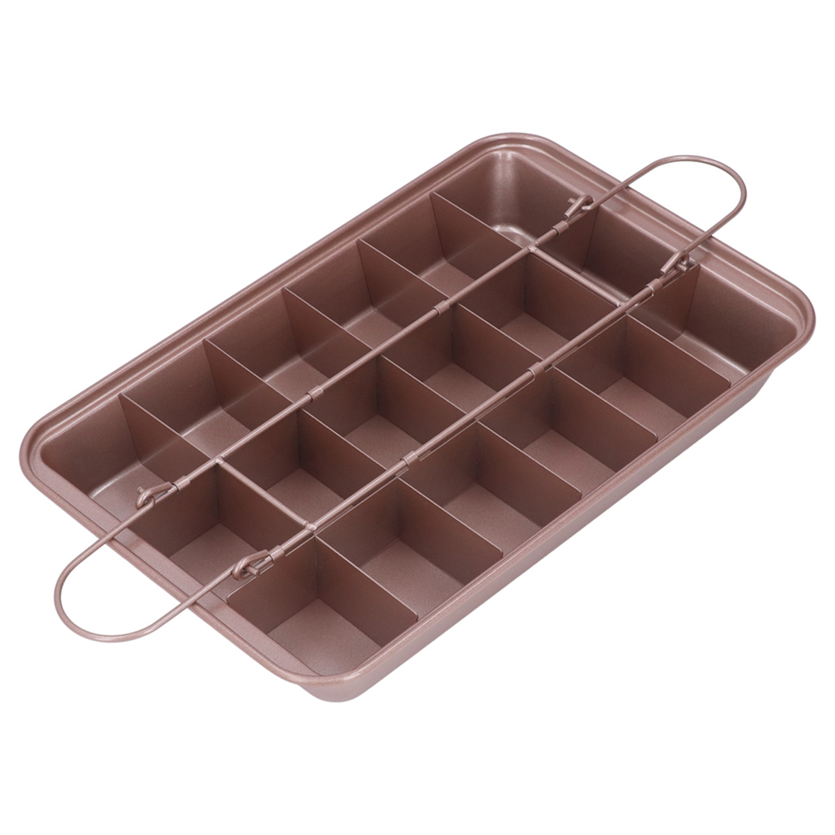 Braune Brownie-Form mit Unterteilungen, mit Griff auf jeder Seite. Es ist leer.