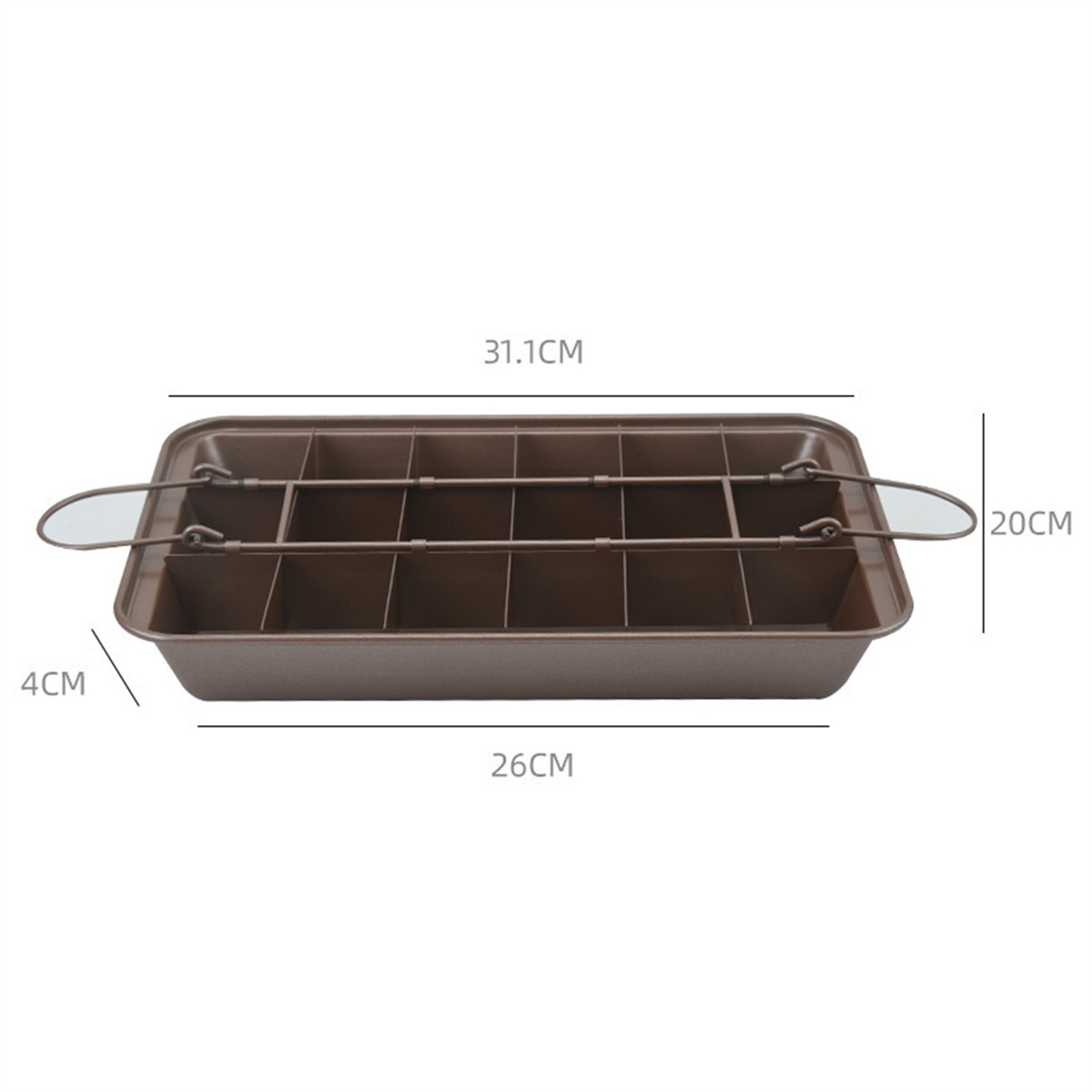 Braune Brownie-Pfanne aus Metall, in Abschnitte unterteilt. Die Pfanne hat Griffe. Abmessungen sind im Bild angegeben.