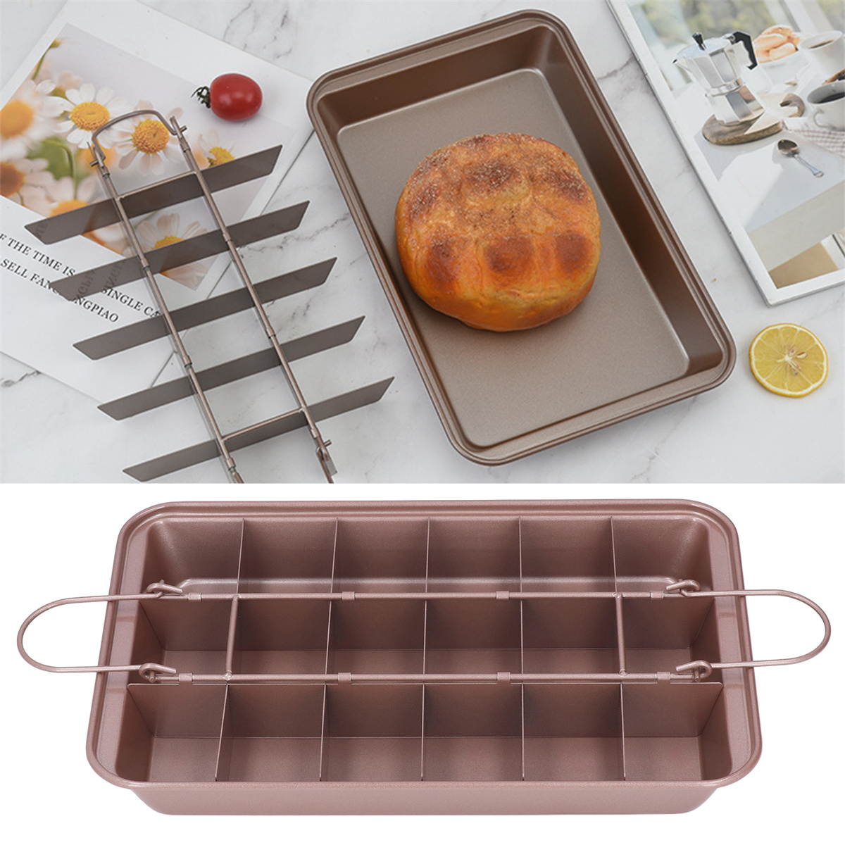 Backformen-Set mit Brot und Teiler zur Herstellung von Brownies oder ähnlichem.