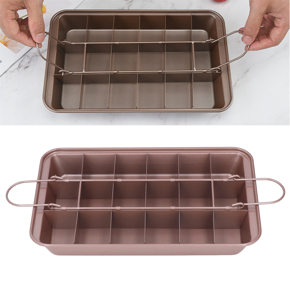 Eine braune Brownie-Form mit Teilern. Zwei Hände halten die Griffe. Die Form ist leer.
