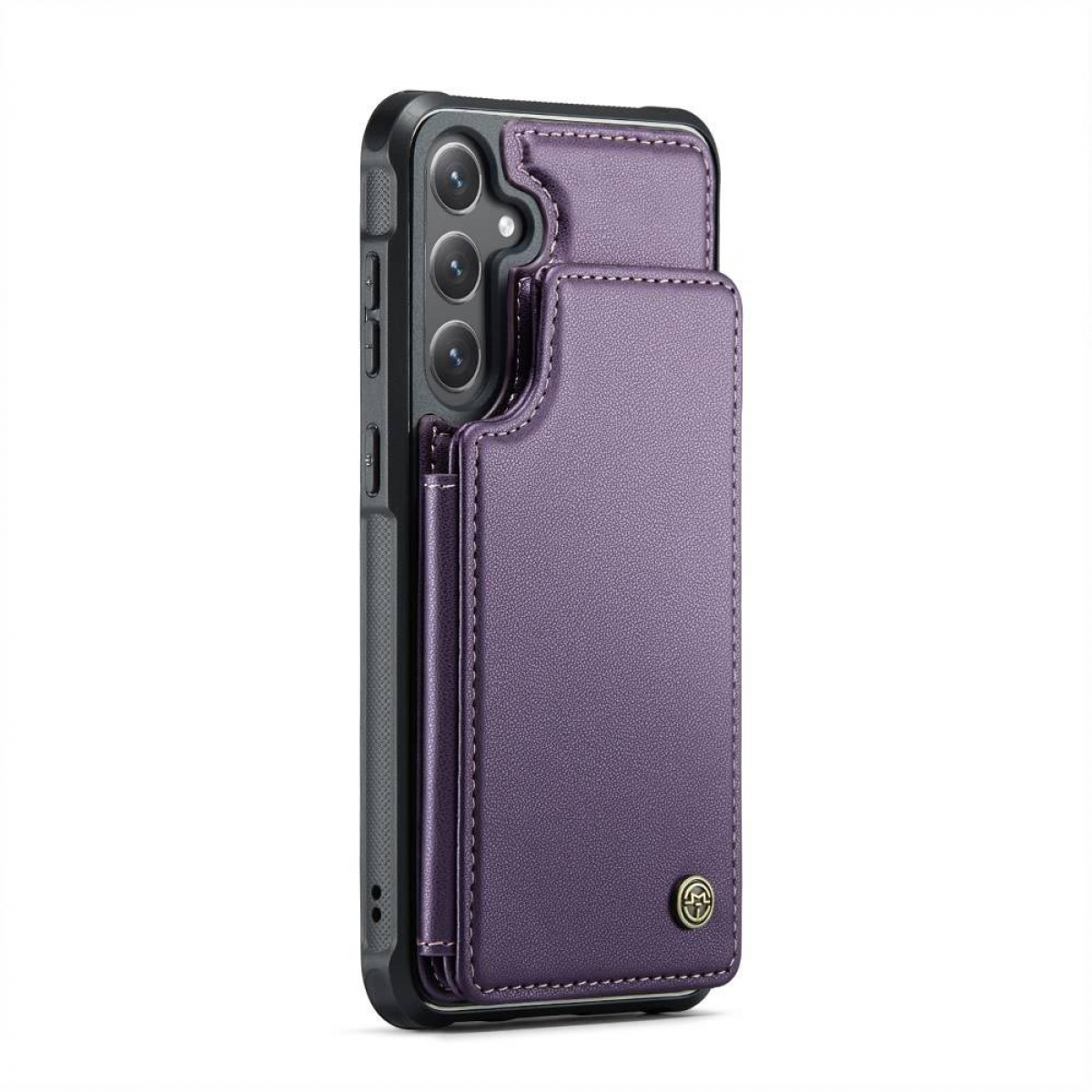 Lila Handyhülle mit Kartenhalter und Handy, schwarze Hülle am Handy mit Kameralinsen.