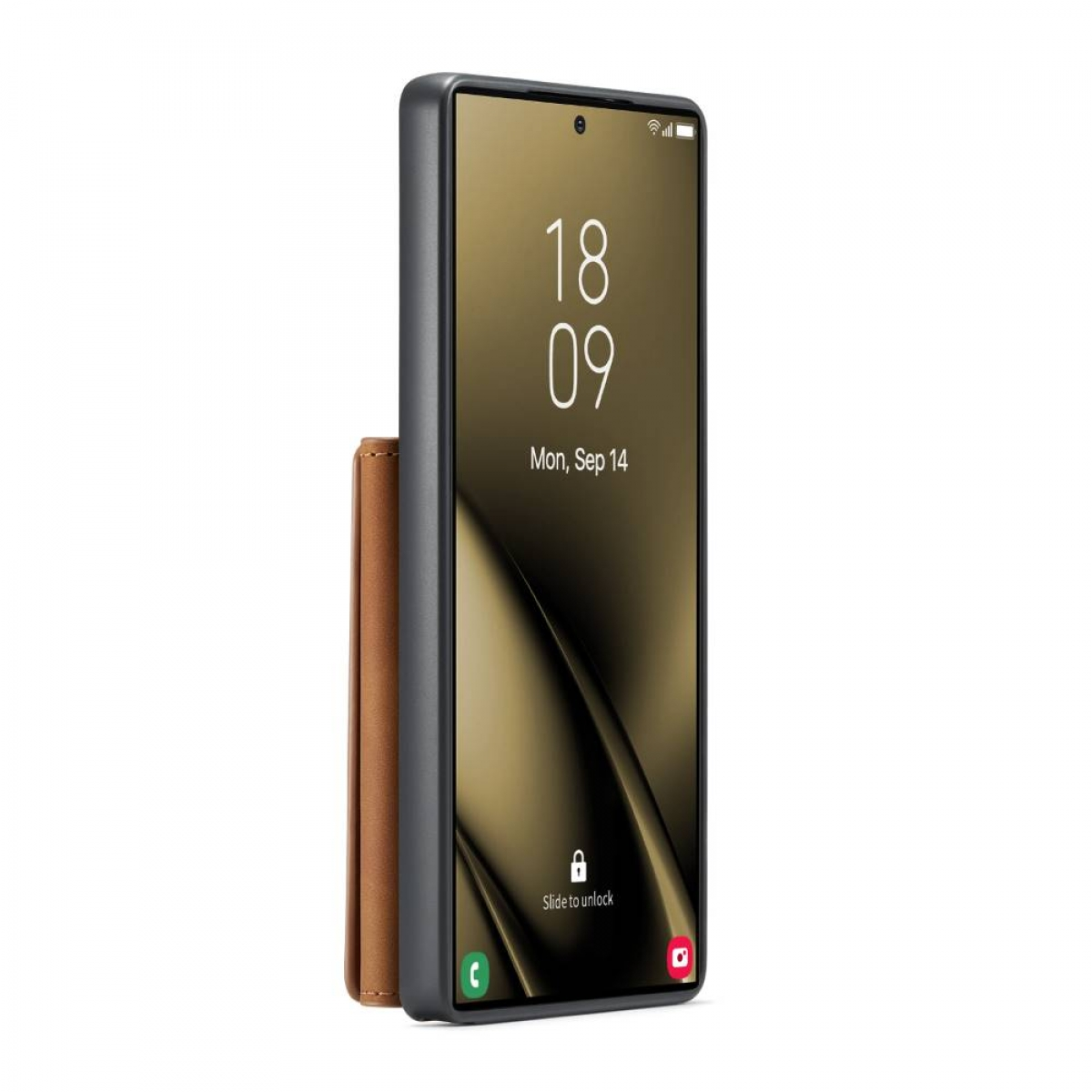 Smartphone mit Hülle, zeigt Datum und Uhrzeit. Die Hülle ist braun.