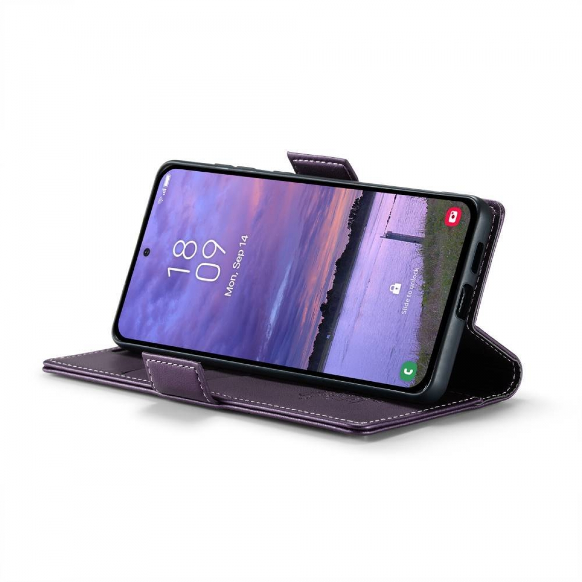 Ein Telefon in einem lila Gehäuse, das einen Bildschirm mit Datum und Uhrzeit zeigt.