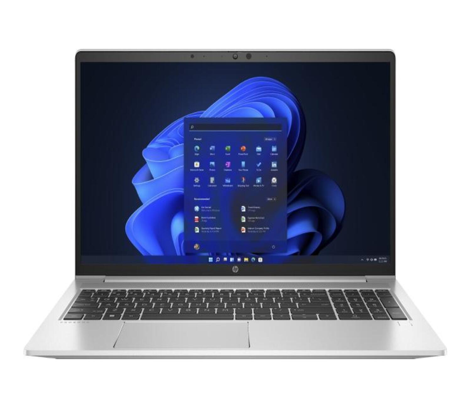Silberner Laptop mit einem Bildschirm, der Windows zeigt. Die Tastatur hat ein Trackpad. Der Hintergrund ist dunkel.