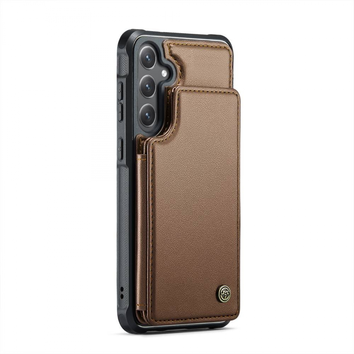 Ein Telefon in einer braunen Ledertasche mit Kartenhalter.