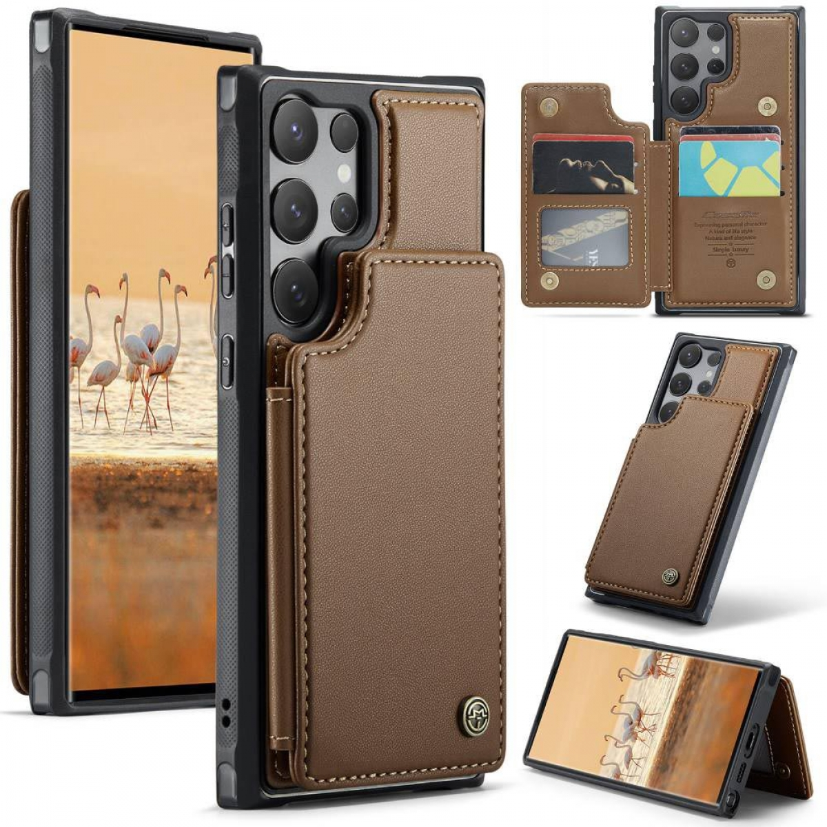 Handyhülle mit Kartenhalter. Braunes Leder mit Telefon- und Kartenfächern. Weißer Hintergrund.
