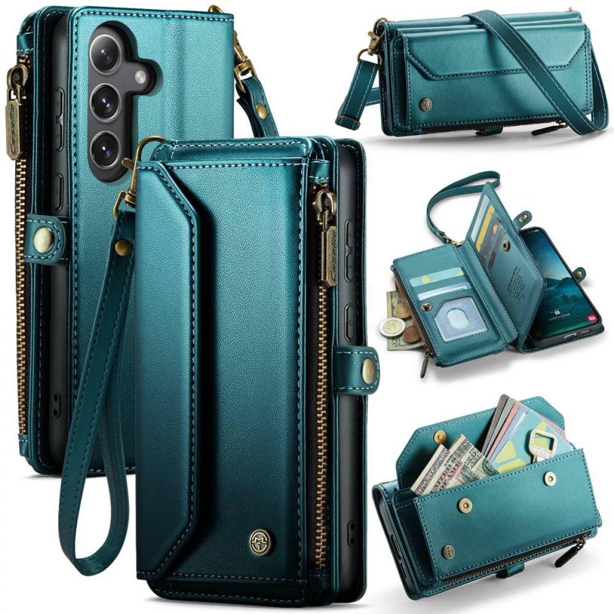 Eine teal-farbene Leder-Handyhülle mit mehreren Fächern, mit Telefon und Karten darin.