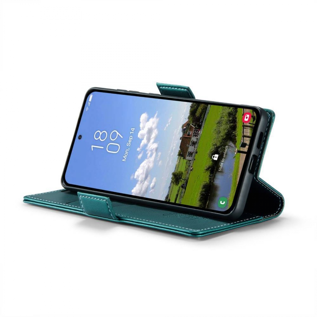 Smartphone in teal Hülle, zeigt Landschaft mit See und grünen Feldern. Das Datum ist Mo, 14. Sep.