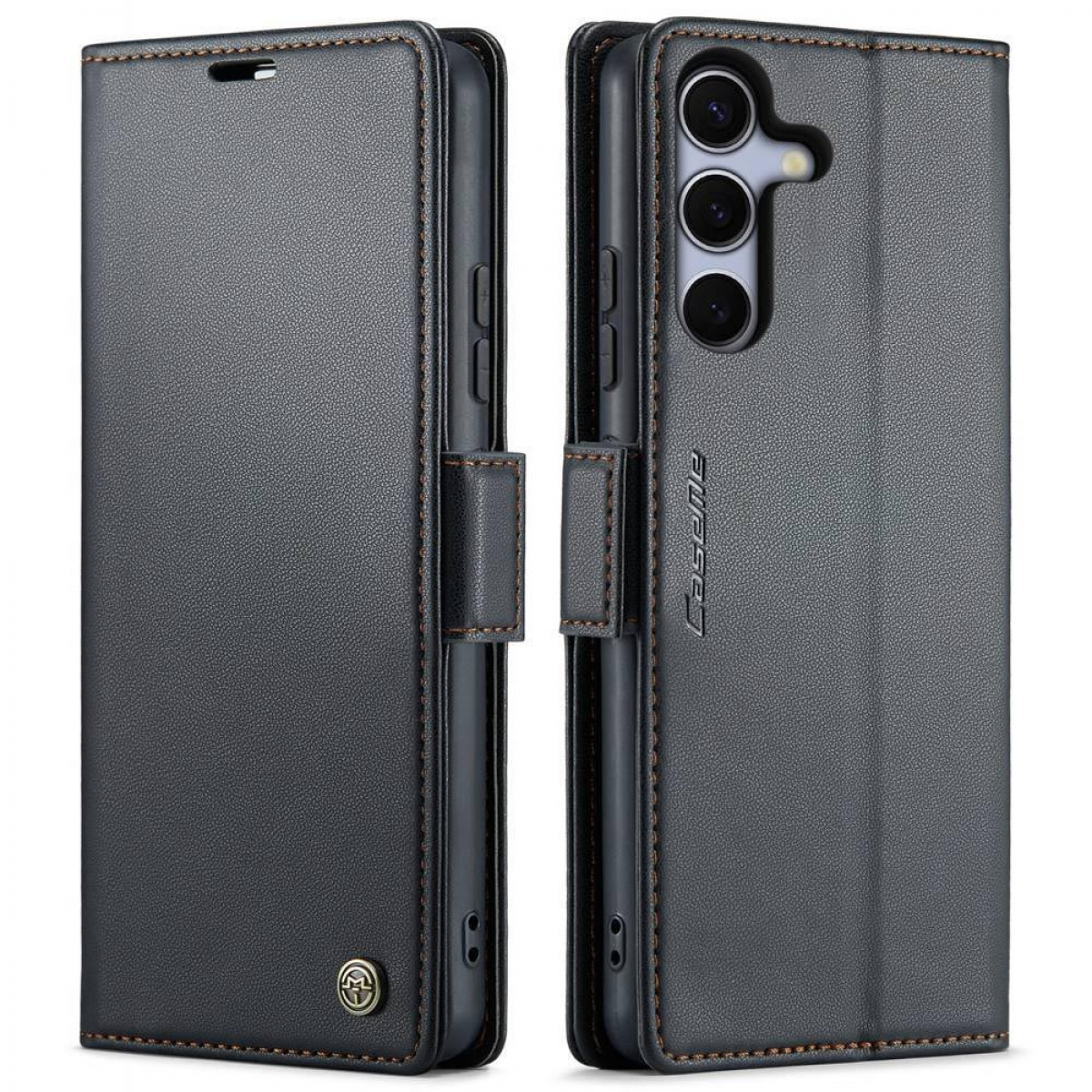 Schwarze Leder-Handyhülle, offen, um das Telefon zu zeigen. Braune Nähte und Magnetverschluss.