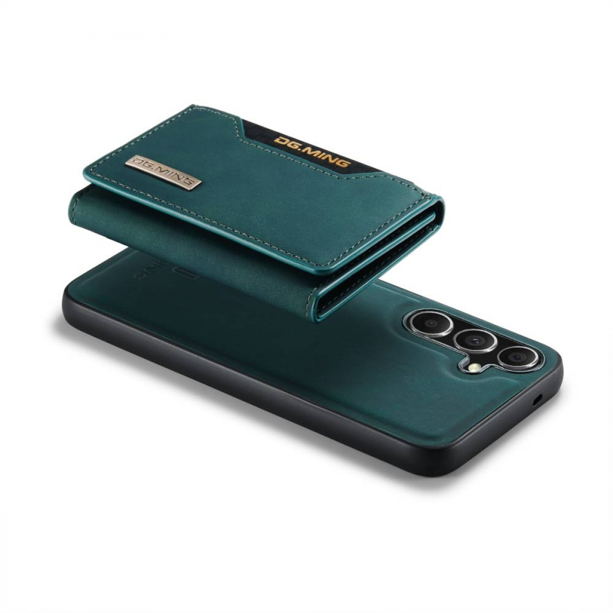 Dunkelgrüne Leder-Handyhülle mit Portemonnaie und Telefon, das eine Kamera anzeigt.