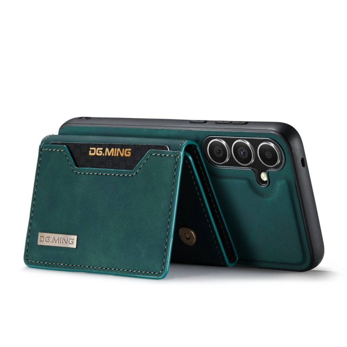 Eine grüne Telefonhülle mit Portemonnaie. Das Telefon ist in der Hülle. Das Portemonnaie ist offen und zeigt Kartenfächer.