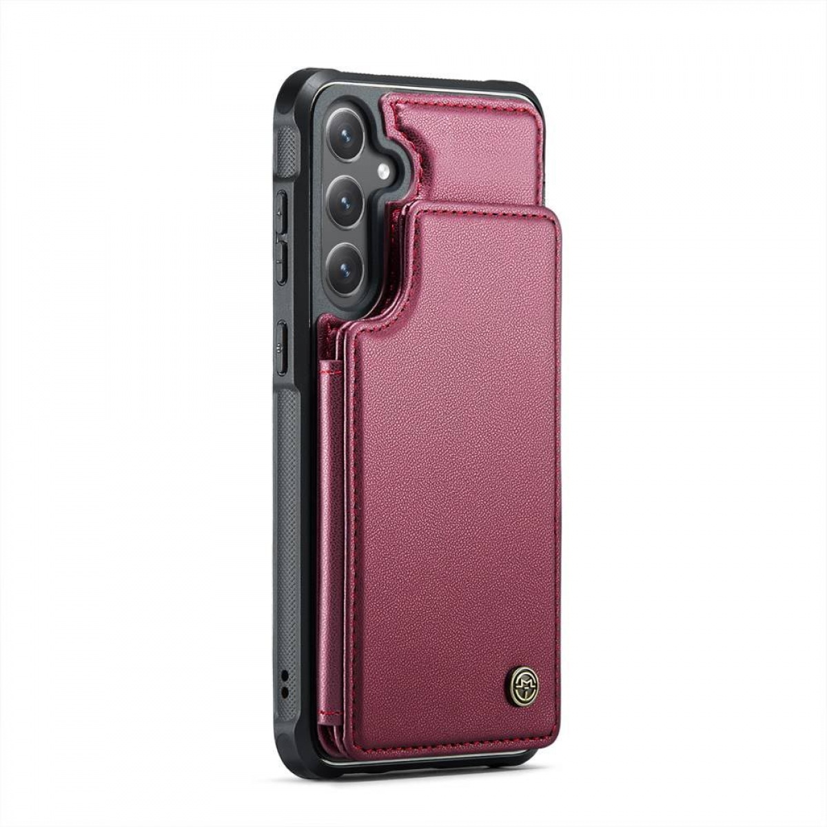 Burgunderfarbene Leder-Handyhülle mit Portemonnaie-Funktion, schwarzem Rand und Telefon mit drei Kameras.
