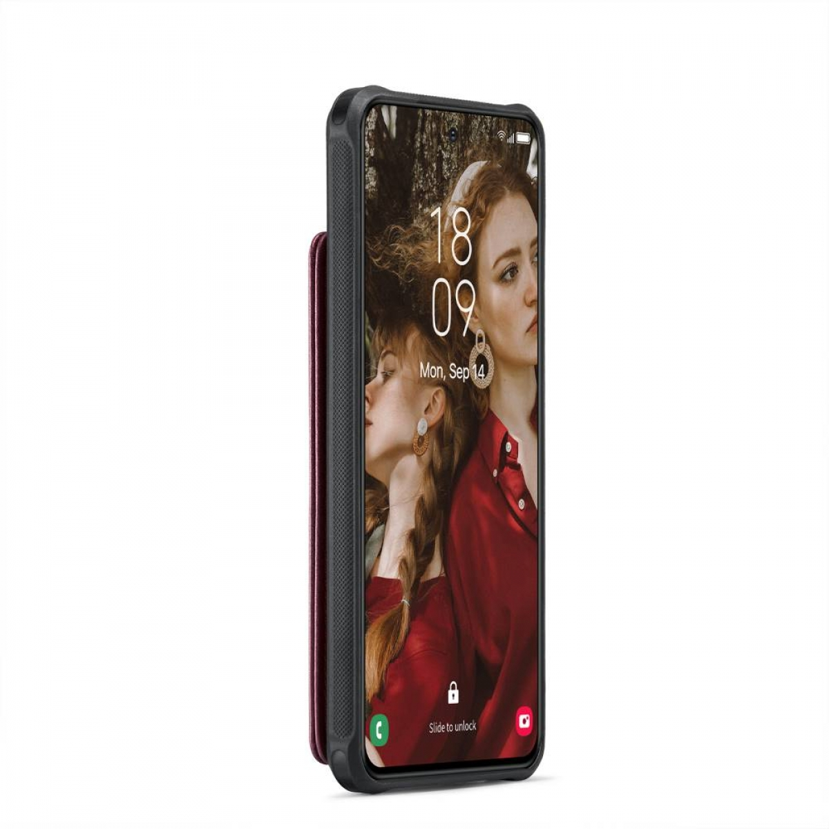 Smartphone mit Bildschirm, der das Gesicht einer Frau zeigt, und einer Hülle.