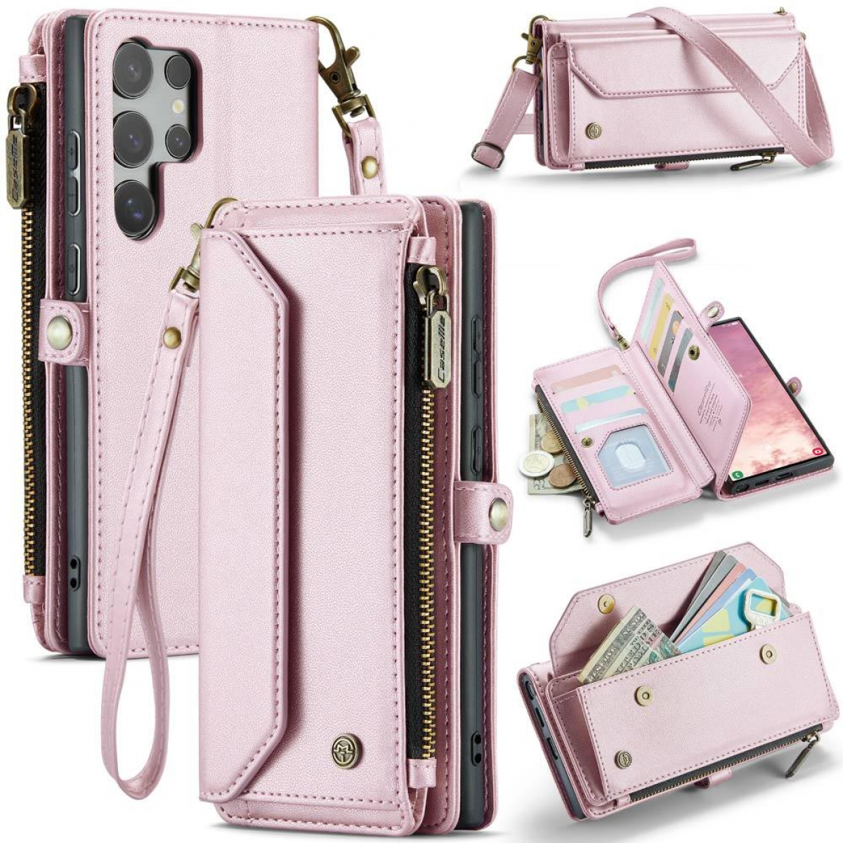 Rosa Handy-Geldbörsen-Etui mit mehreren Ansichten. Mit Reißverschluss, Kartenfächern und abnehmbarem Riemen.