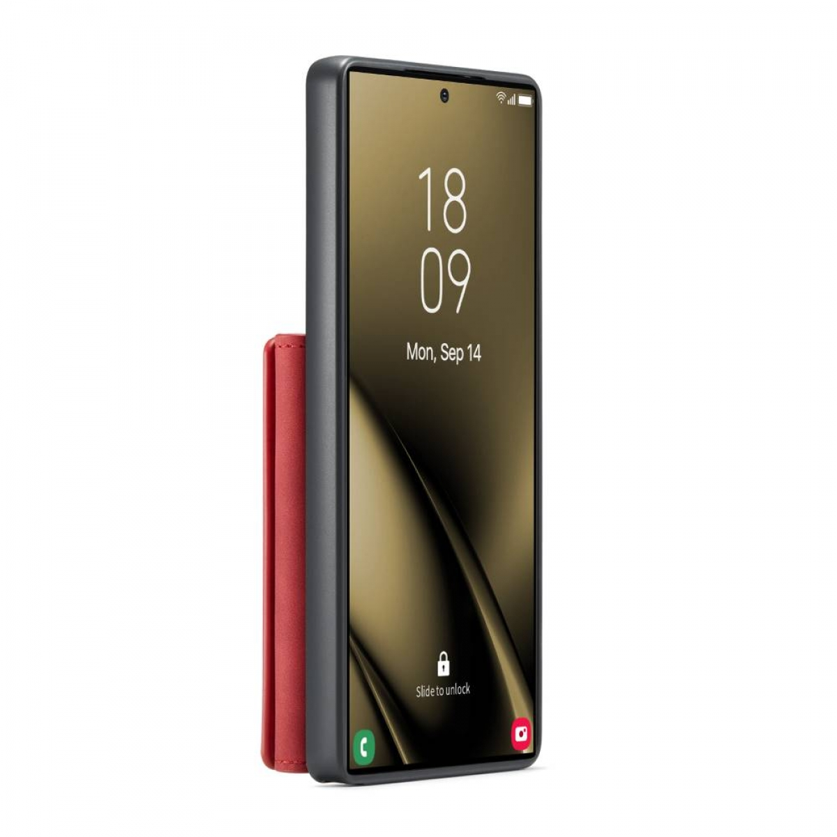 Smartphone mit rotem Gehäuse. Bildschirm zeigt Uhrzeit. Das Telefon ist schwarz.