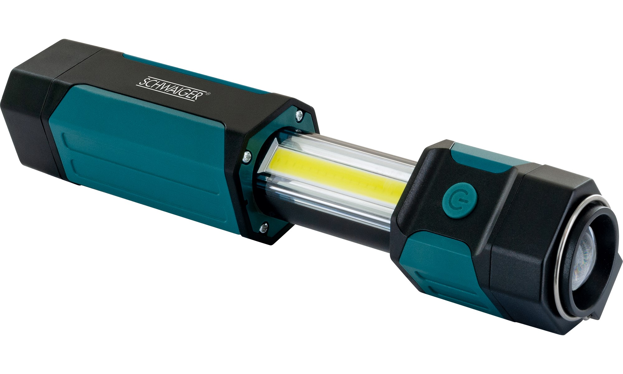 Türkis-schwarze Taschenlampe, mit weißem Lichtbalken und grünem Ein-Aus-Knopf. Isoliert.