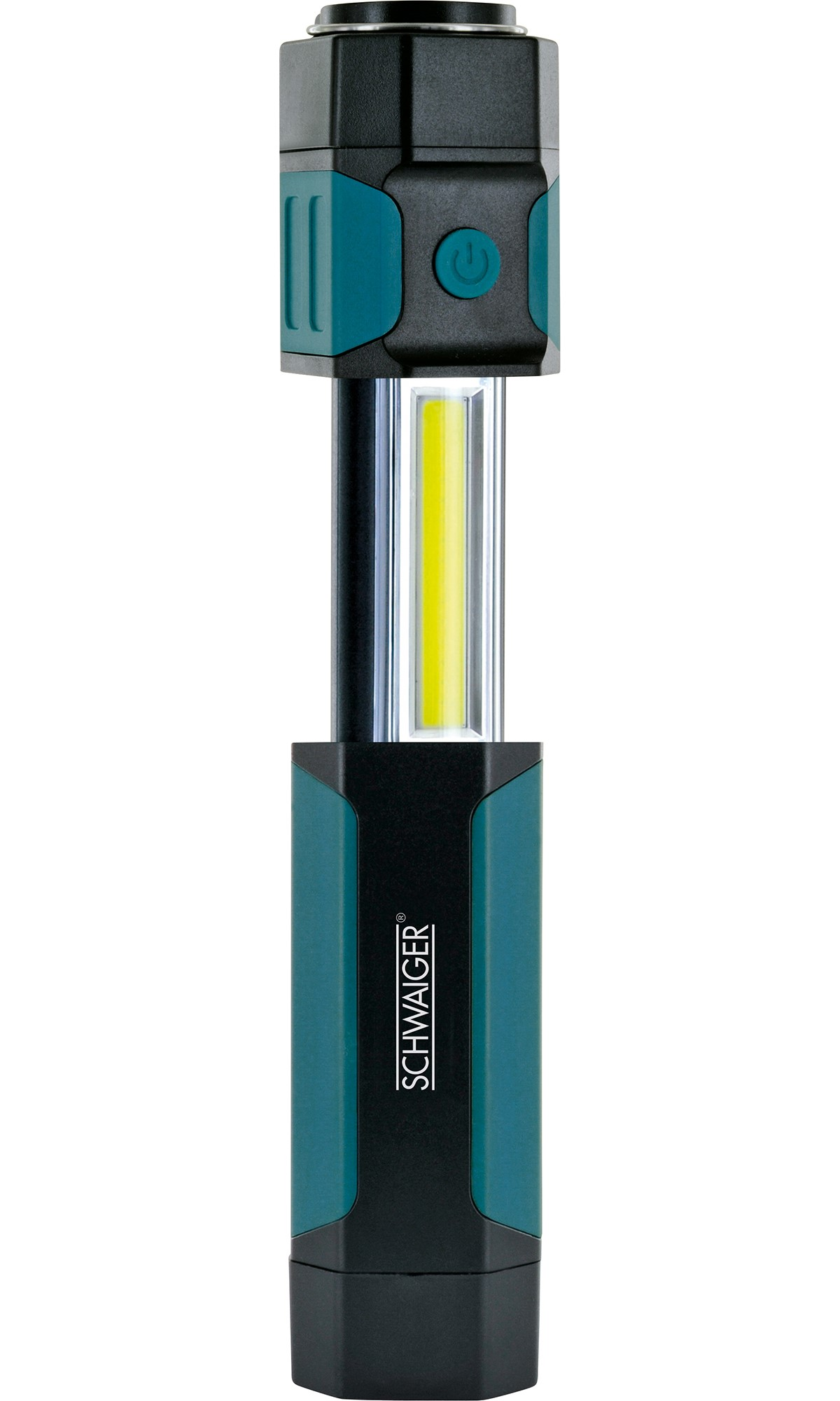 Schwarze und türkisfarbene Taschenlampe. Sie hat einen Ein- und Ausschalter und ein helles LED-Licht. Der Markenname steht seitlich.