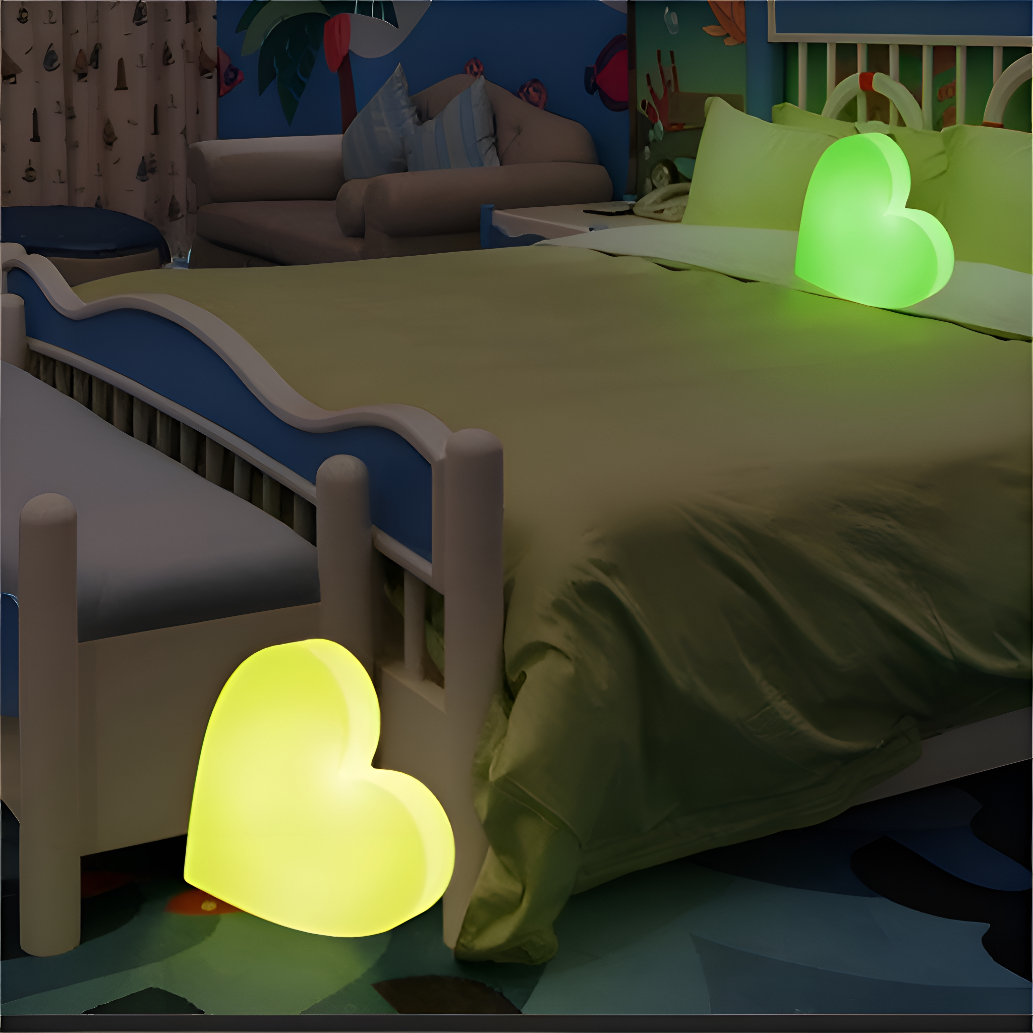 Ein Schlafzimmer mit zwei herzförmigen Lichtern und Betten. Ein Licht ist auf dem Bett, das andere auf dem Boden.