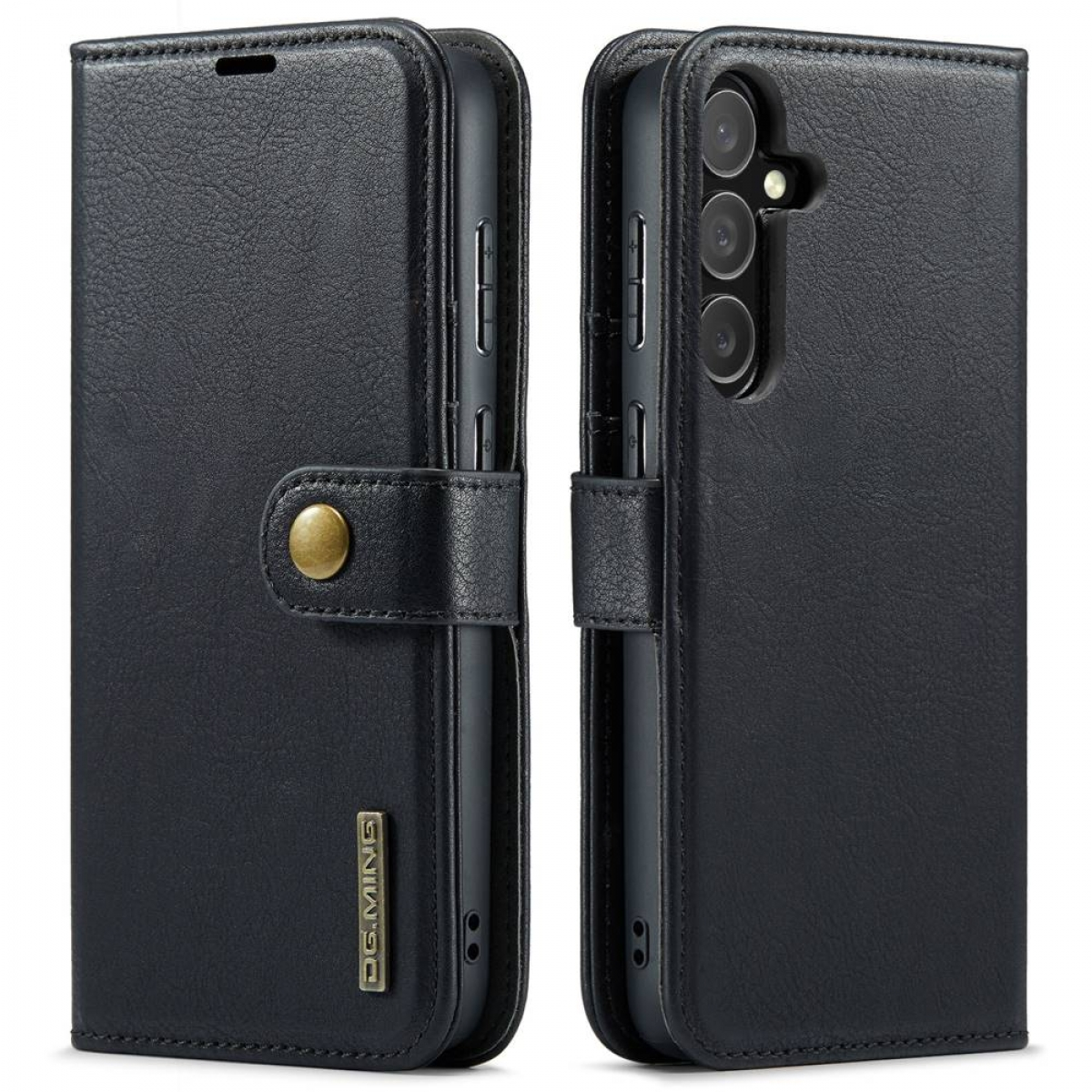Schwarze Leder-Handy-Geldbörse. Knopfverschluss und DGMING-Logo. Telefon rechts sichtbar.
