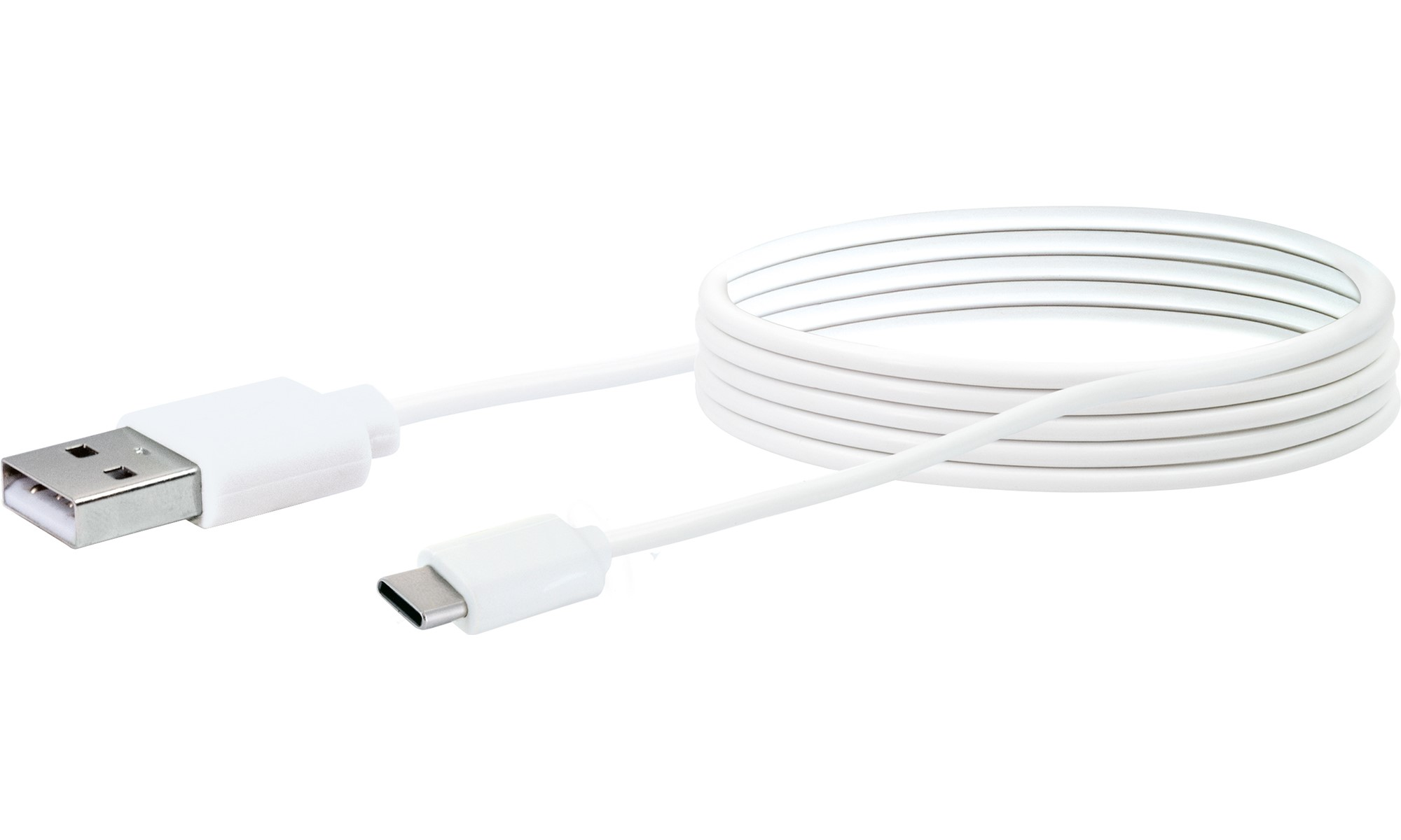 Weißes USB-auf-USB-C-Kabel, aufgerollt. Ein Ende ist USB, das andere USB-C. Weißer Hintergrund.