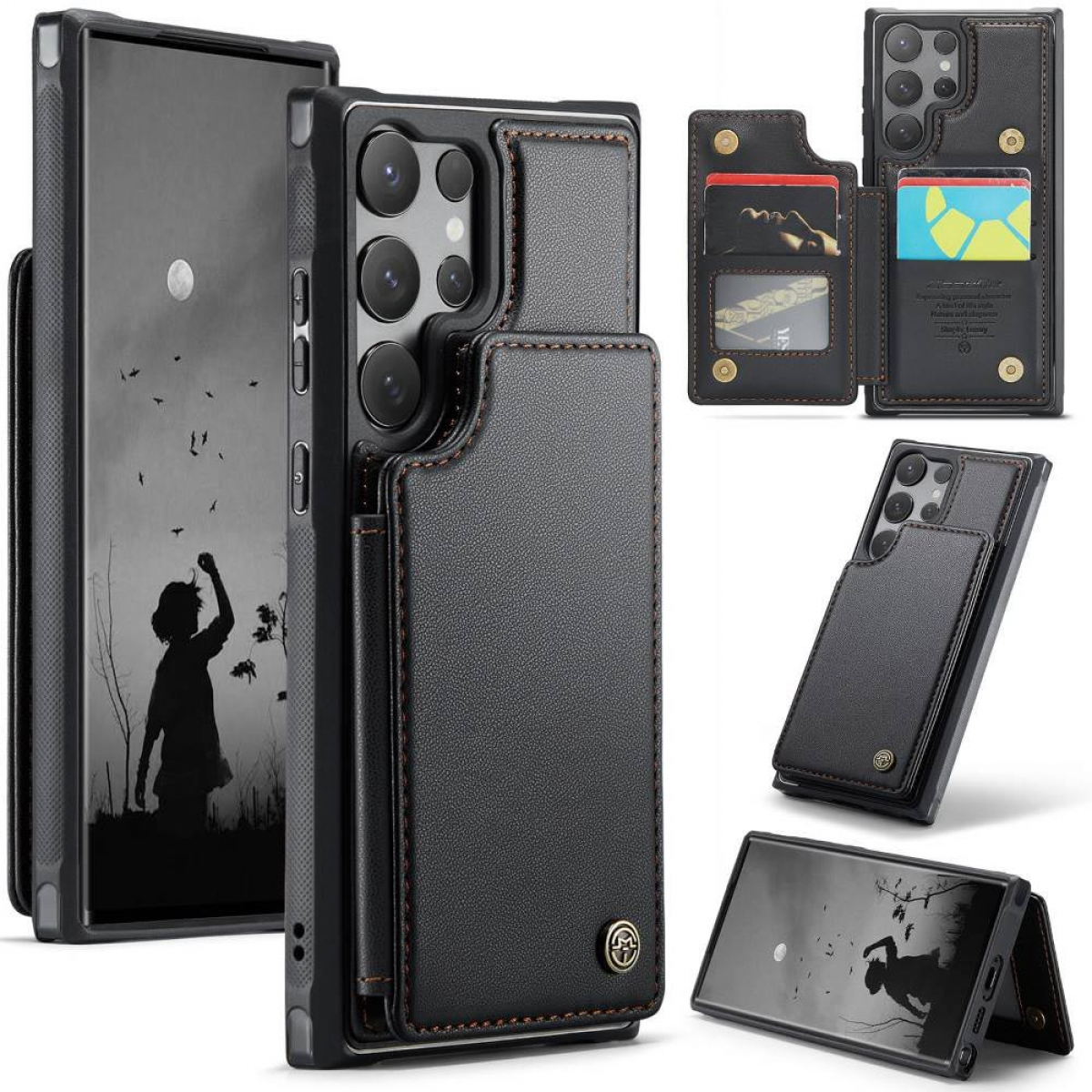 Schwarze Handyhülle mit Kartenhalter. Telefon- und Kartenfächer. Schwarzer Hintergrund.