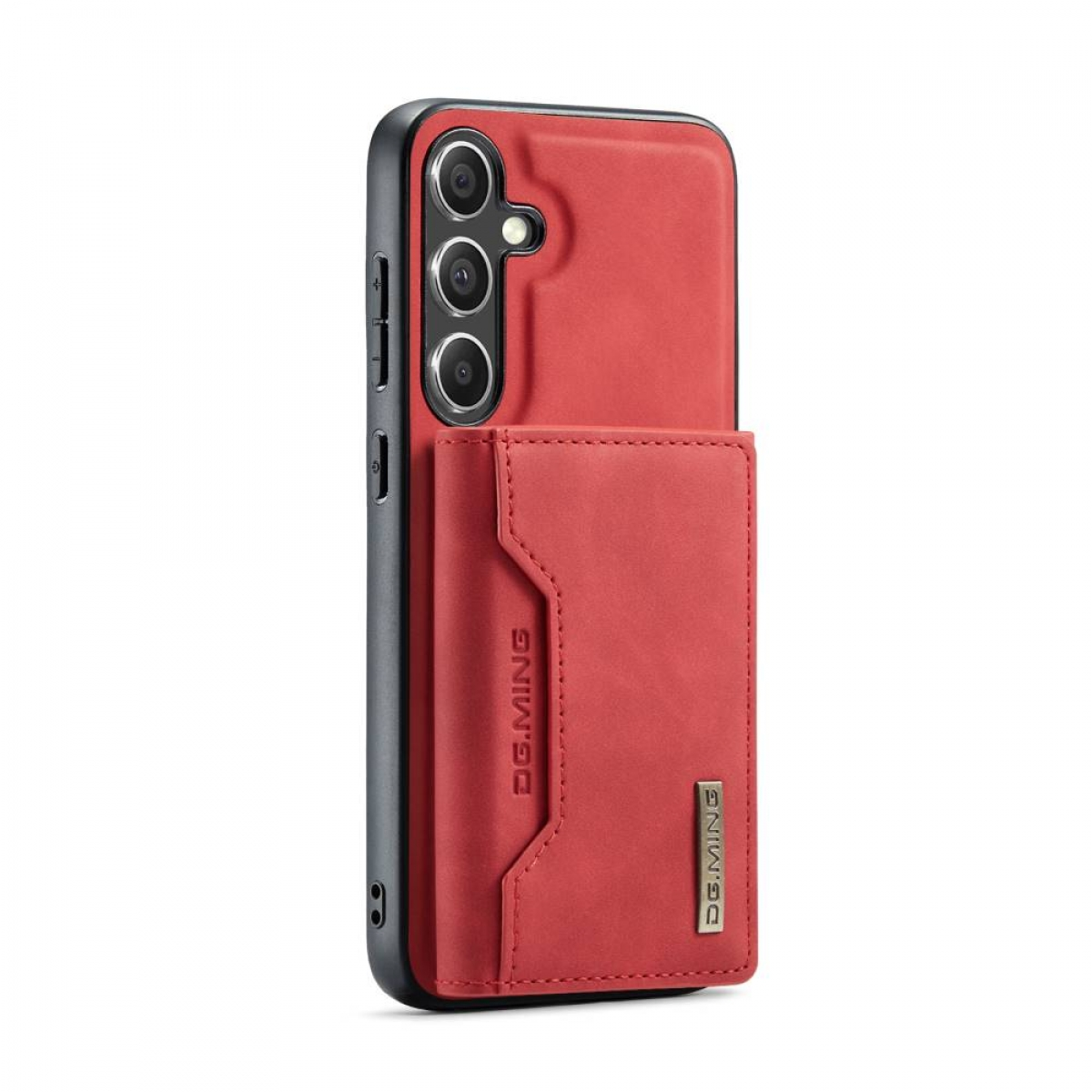Rote Handyhülle mit einem Portemonnaie auf der Rückseite. Die Hülle ist um ein Telefon.