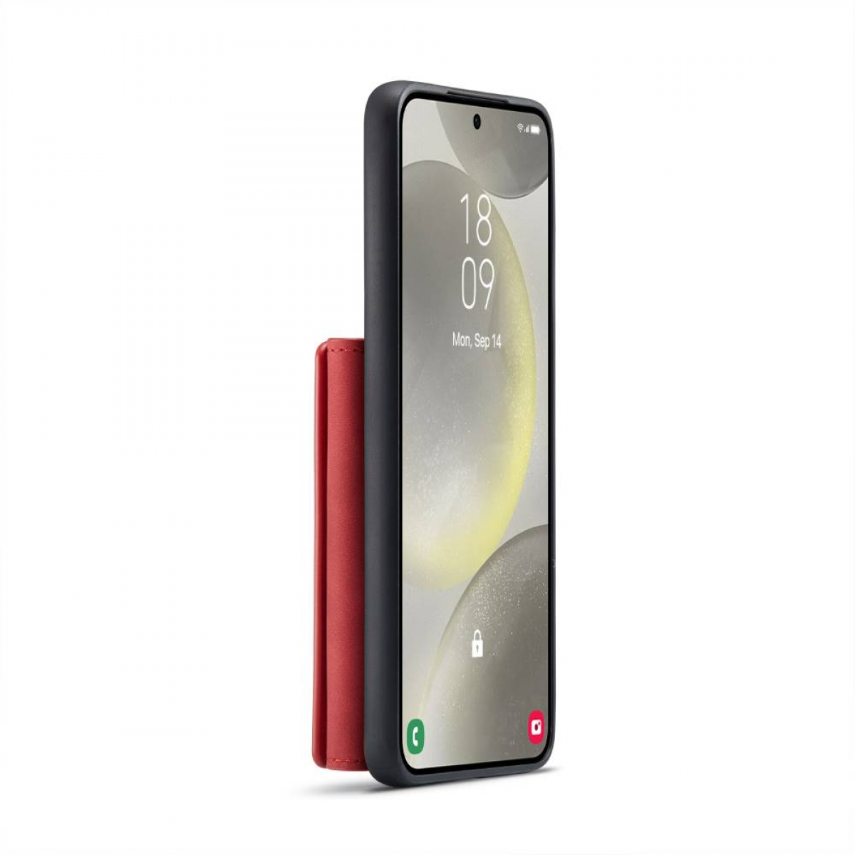 Smartphone mit roter Brieftasche. Der Bildschirm zeigt das Datum.