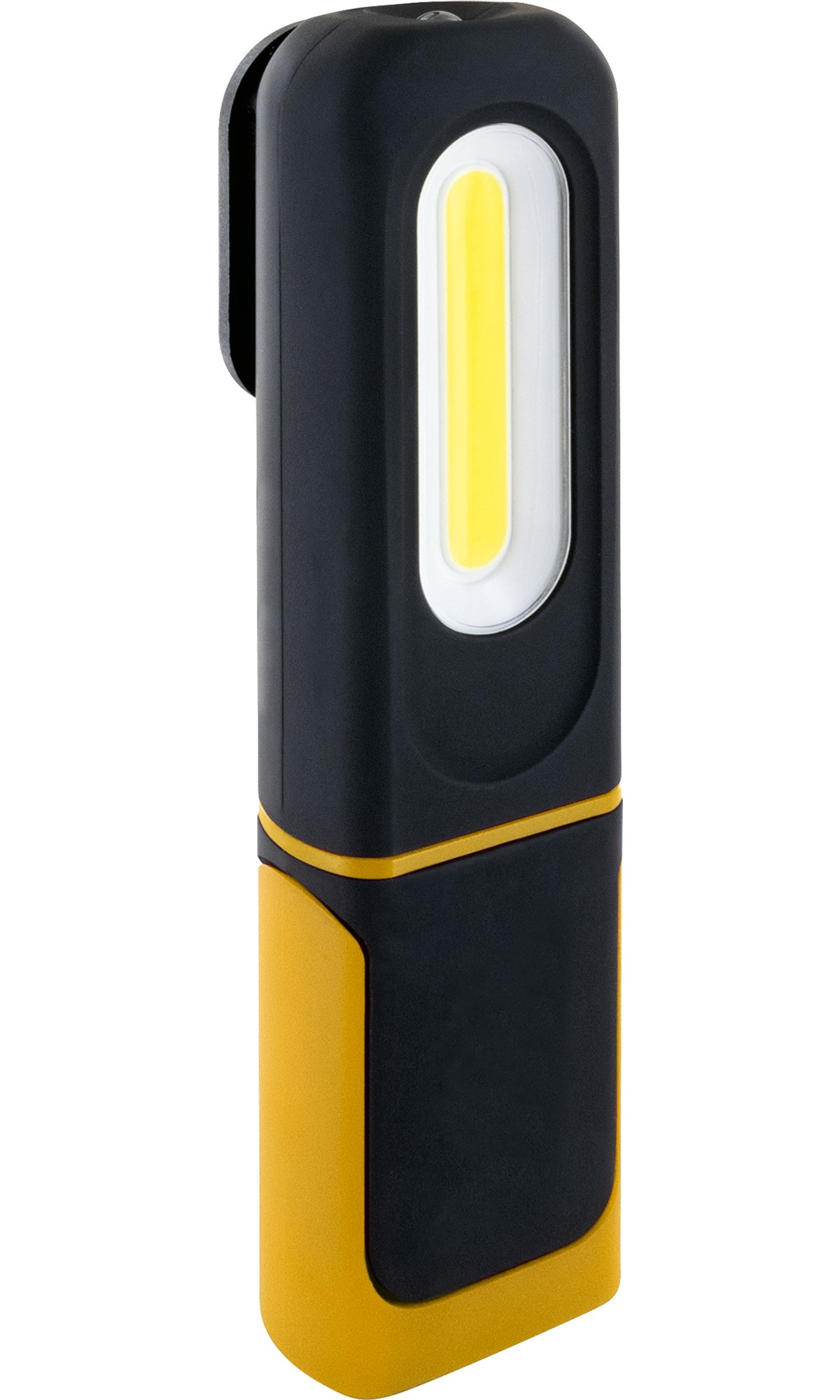 Schwarz-gelbe Taschenlampe mit gelbem Licht auf weißem Hintergrund.