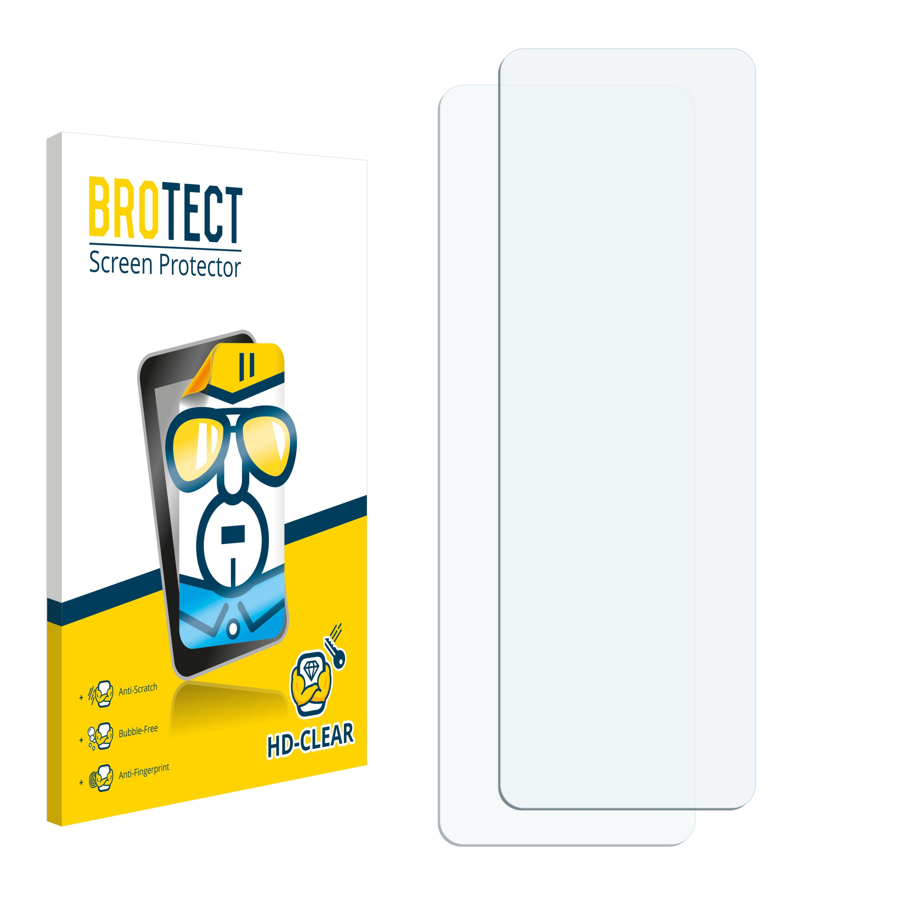 Displayschutzfolienpackung mit zwei Schutzfolien. Die Packung hat ein Telefonbild und Text.