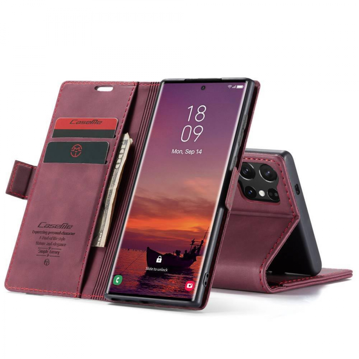 Geöffnete weinrote Leder-Handyhülle mit Telefon, Karten und Bargeld. Weißer Hintergrund.