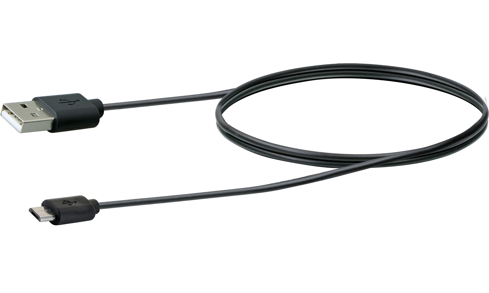 Ein schwarzes USB-zu-Micro-USB-Kabel, auf weißem Hintergrund ausgelegt.