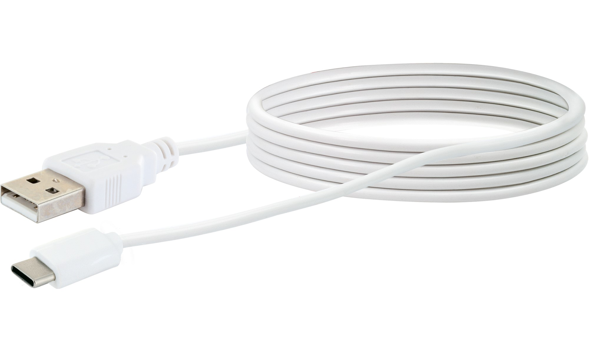 Weißes USB-Kabel mit USB-A- und USB-C-Anschlüssen, aufgerollt.