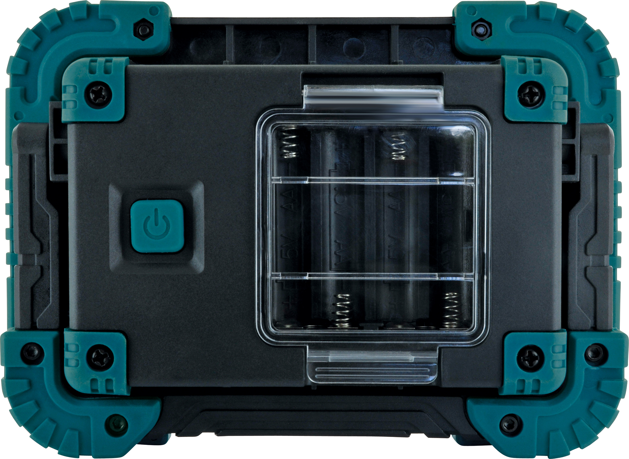 Schwarze und türkis Arbeitsleuchte. Transparente Kunststoffabdeckung zeigt Batterien.