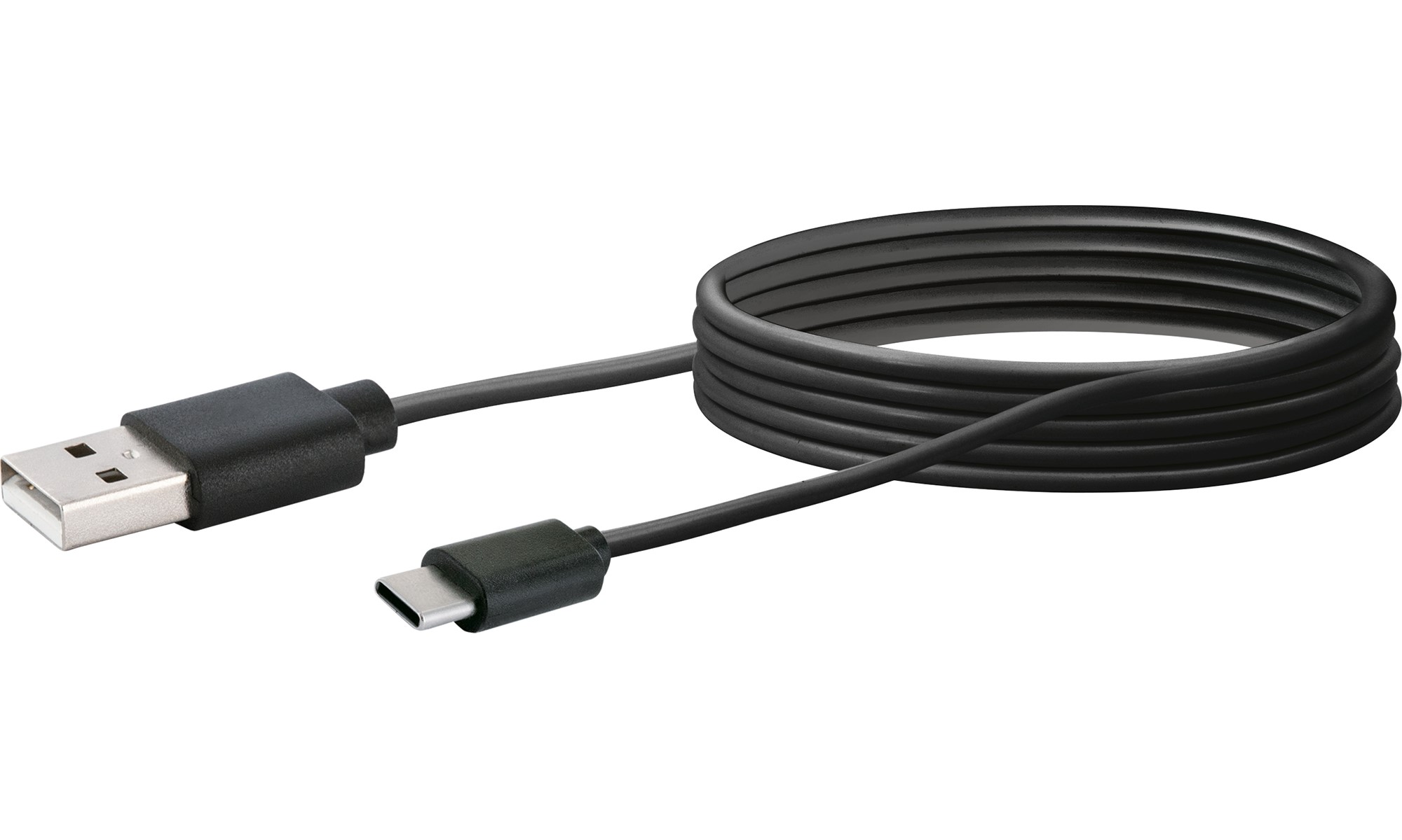 Ein schwarzes USB-C-zu-USB-A-Kabel, isoliert auf Weiß.