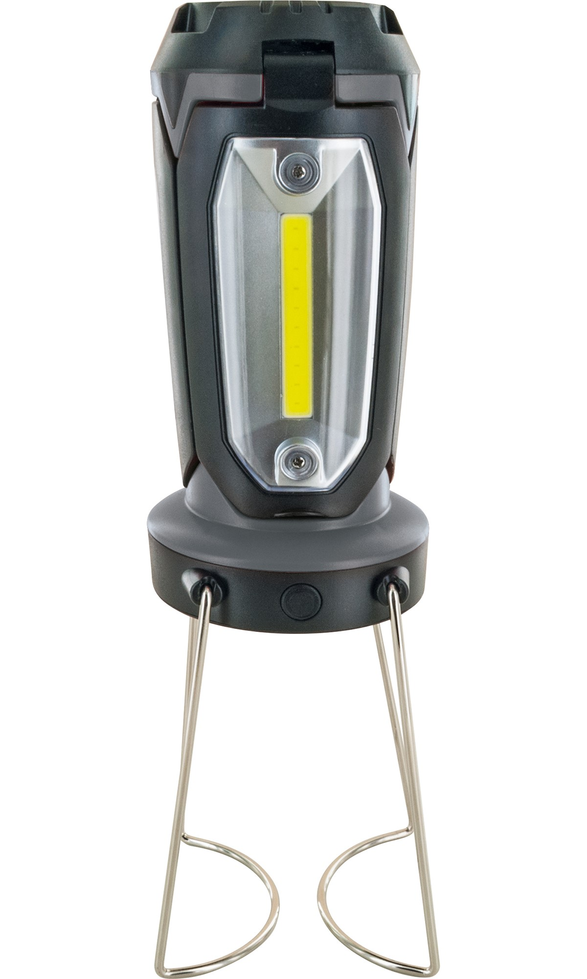 Schwarz-graue Taschenlampe. Eine tragbare Taschenlampe mit silbernem Ständer.