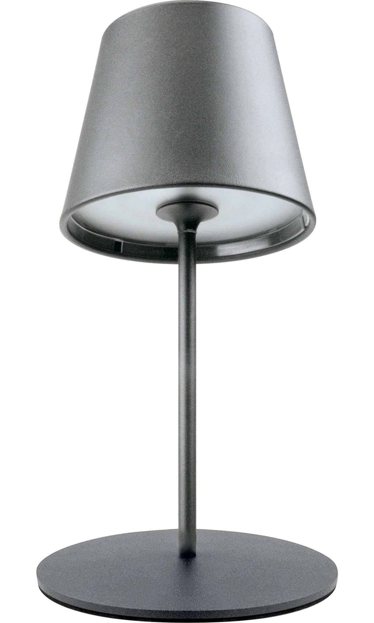 Eine graue Tischlampe mit konischem Schirm und rundem Fuß, vor weißem Hintergrund.