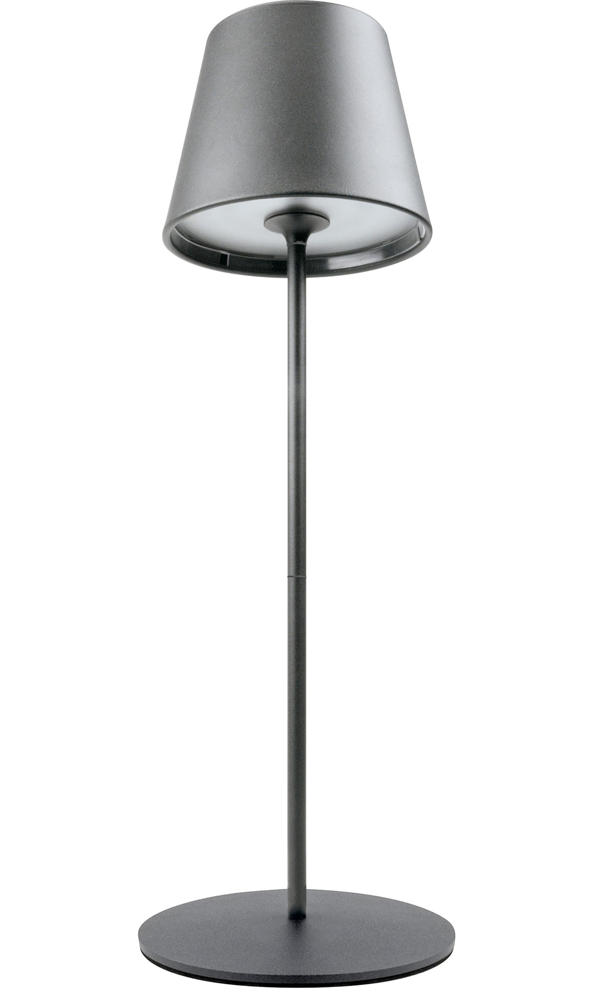Eine dunkelgraue Außenlampe mit Lampenschirm und rundem Sockel. Die Lampe steht aufrecht.
