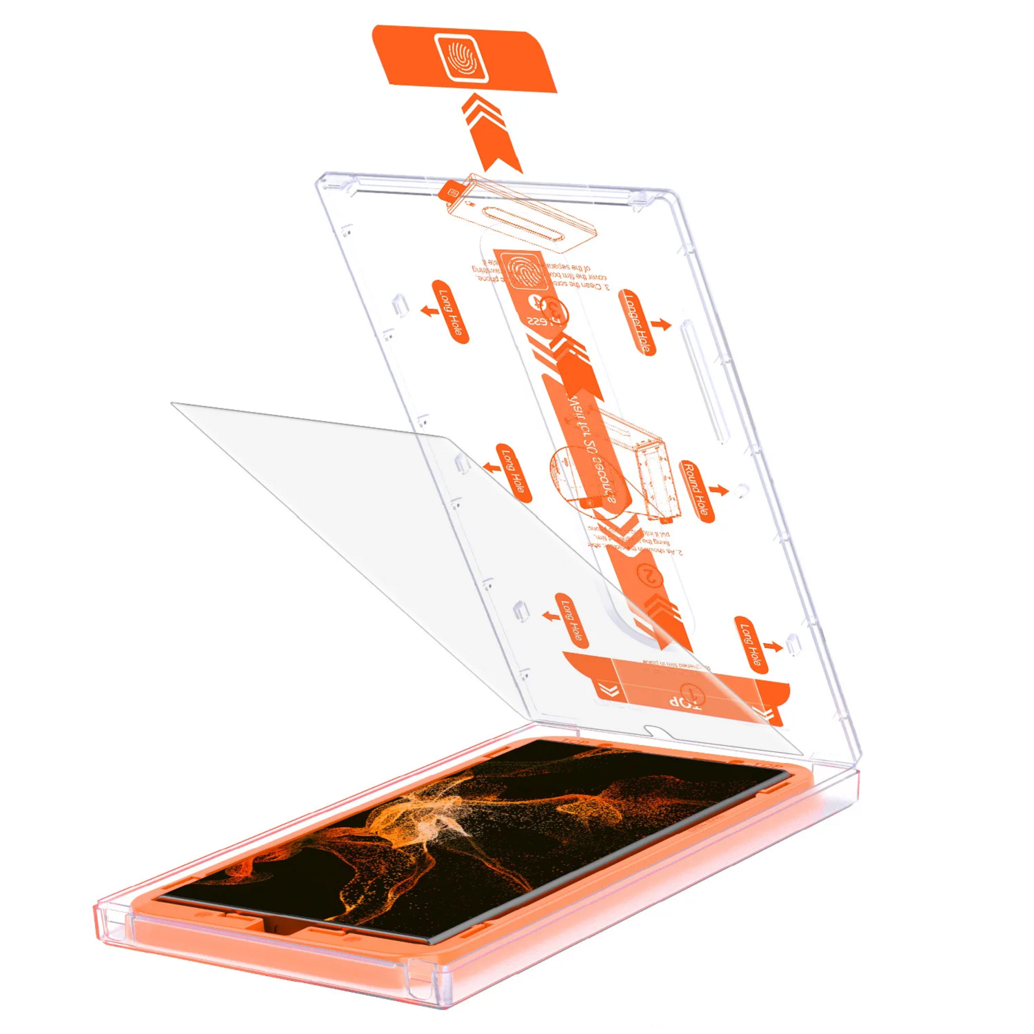 Eine transparente Plastikhülle mit einem Tablet darin und Anweisungen zur Installation.
