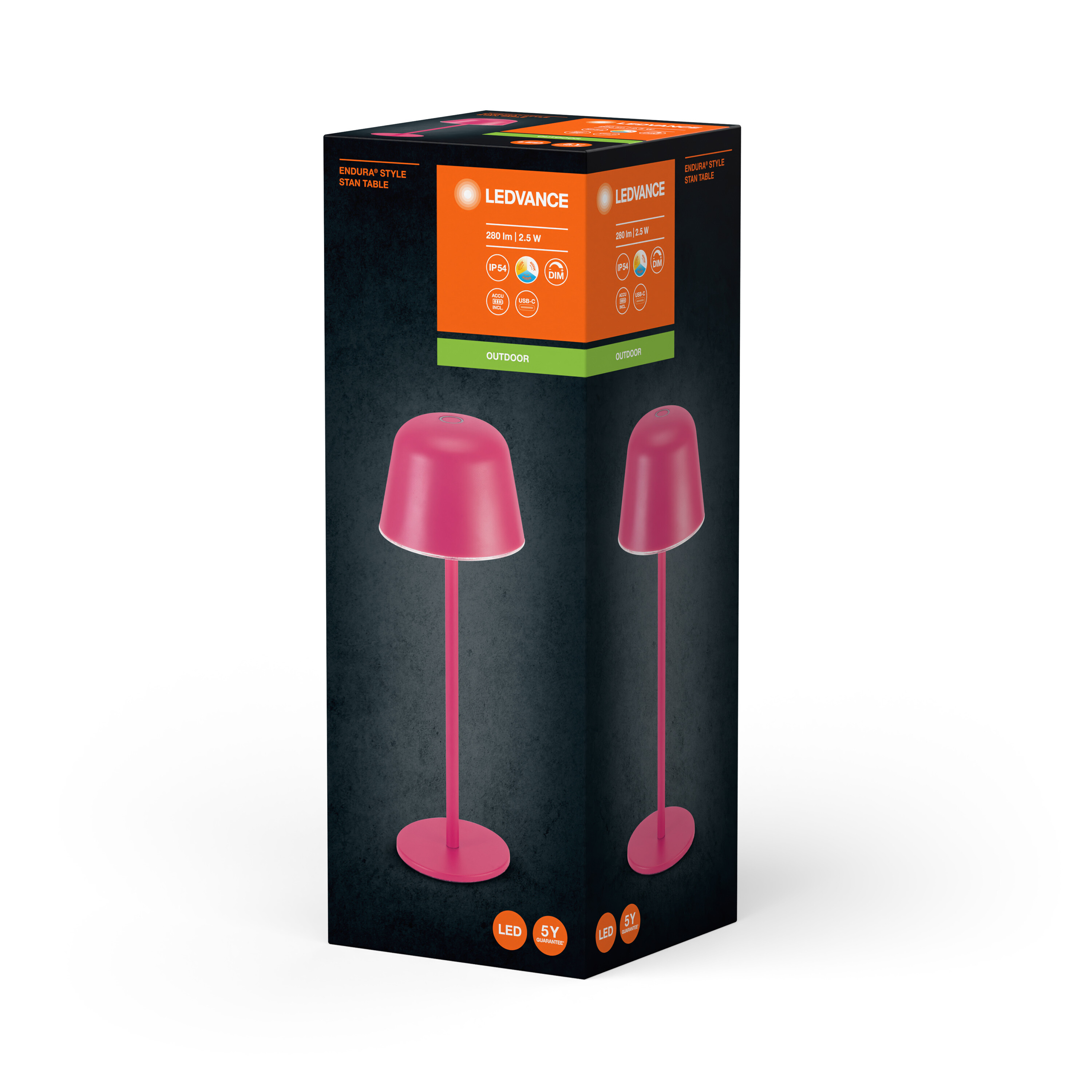 Una lampada da tavolo rosa in una scatola. La scatola ha testo e immagini della lampada.