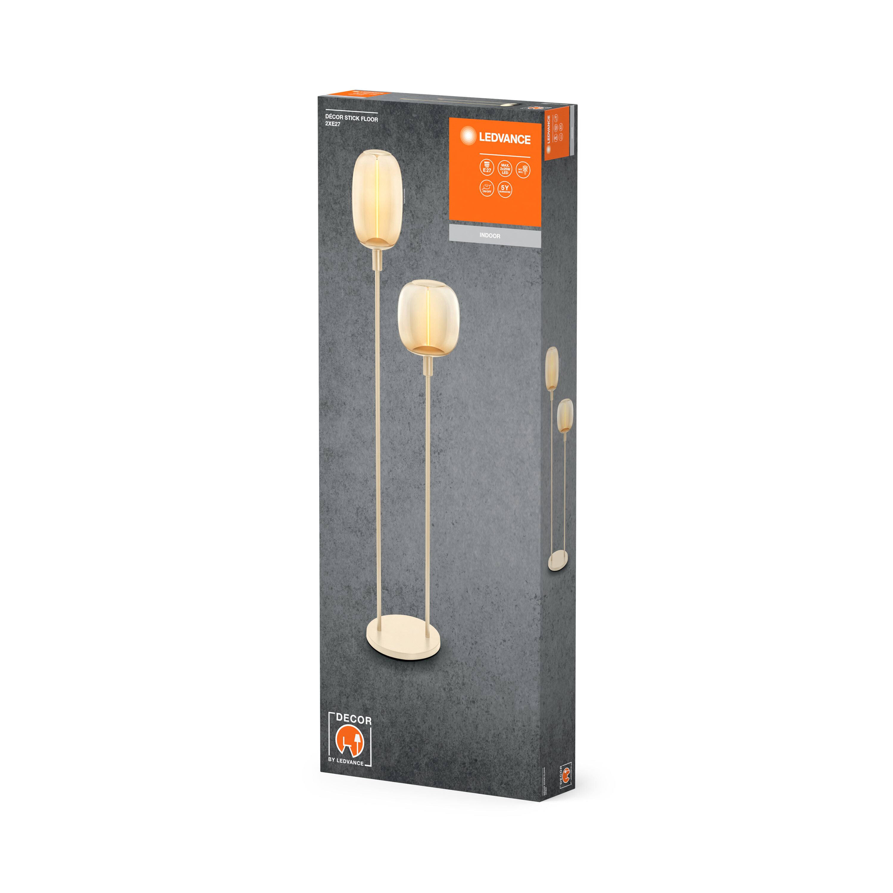 Eine Box mit einer Stehlampe, mit zwei bauchigen Lampen in Creme. Die Box trägt den Markennamen LEDVANCE.